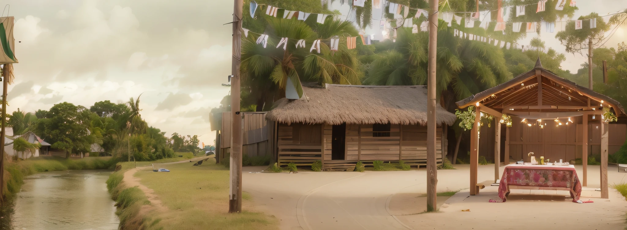 (8k, RAW photo, best quality, masterpiece: 1.2), (realistic, photorealistic: 1.37) Typical June party scene of northeastern Brazil, with a small Amazonian river next to it. night landscape. --auto --s2