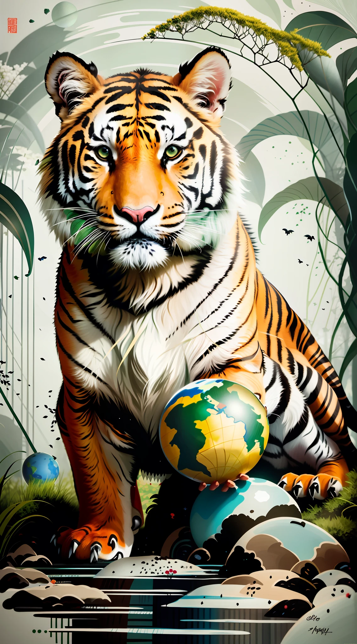 Earth Day poster, flat illustration, super cute Chinese Siberian tiger stepping on green spherical globe open mouth, trees, flowers, landscape, blue, green, yellow, simple background, center composition, bright colors, chiaroscuro, super high detail, 4k, flat illustration