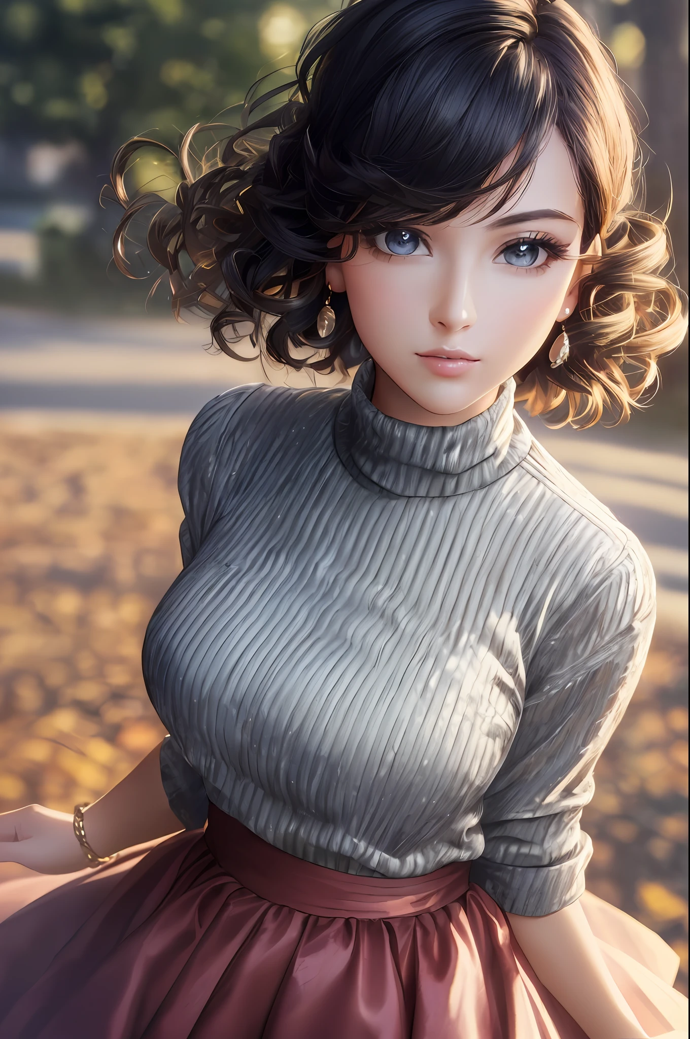 country streets,,(outdoor, night:1.5,super fine face,((realistic lighting, best quality, 8k, masterpiece:1.3)),, (masterpiece, top quality, ultra detail, high resolution), perfect face, side light, shiny skin, (bloom), (shine), lighting, ray tracing, 1 girl, solo, black hair, sweater, black beautiful eyes, skirt, dress, hair bow, pink skirt, bow, lips, turtleneck sweater, upper body, curl, chest, turtleneck, parted lips, jewelry, depth_of_field, highly detailed background, highly detailed background, masterpiece, super detail, great composition, dynamic angle, [bottle bottom], (wide angle lens), very refined and beautiful, (best quality), (master piece), depth of field, solo, extreme light and shadow, masterpiece, rich detail, (fine features), (best quality), (masterpiece), (detail eyes), (beautiful) details, beautiful detail eyes, (straight up), upper body , (Very Detail CG Unity 8k wallpaper), (Masterpiece), (Best Quality), (Super Detail), (Best Illustration) (Best Shadow), Perfect Lighting, Perfect Anatomy
