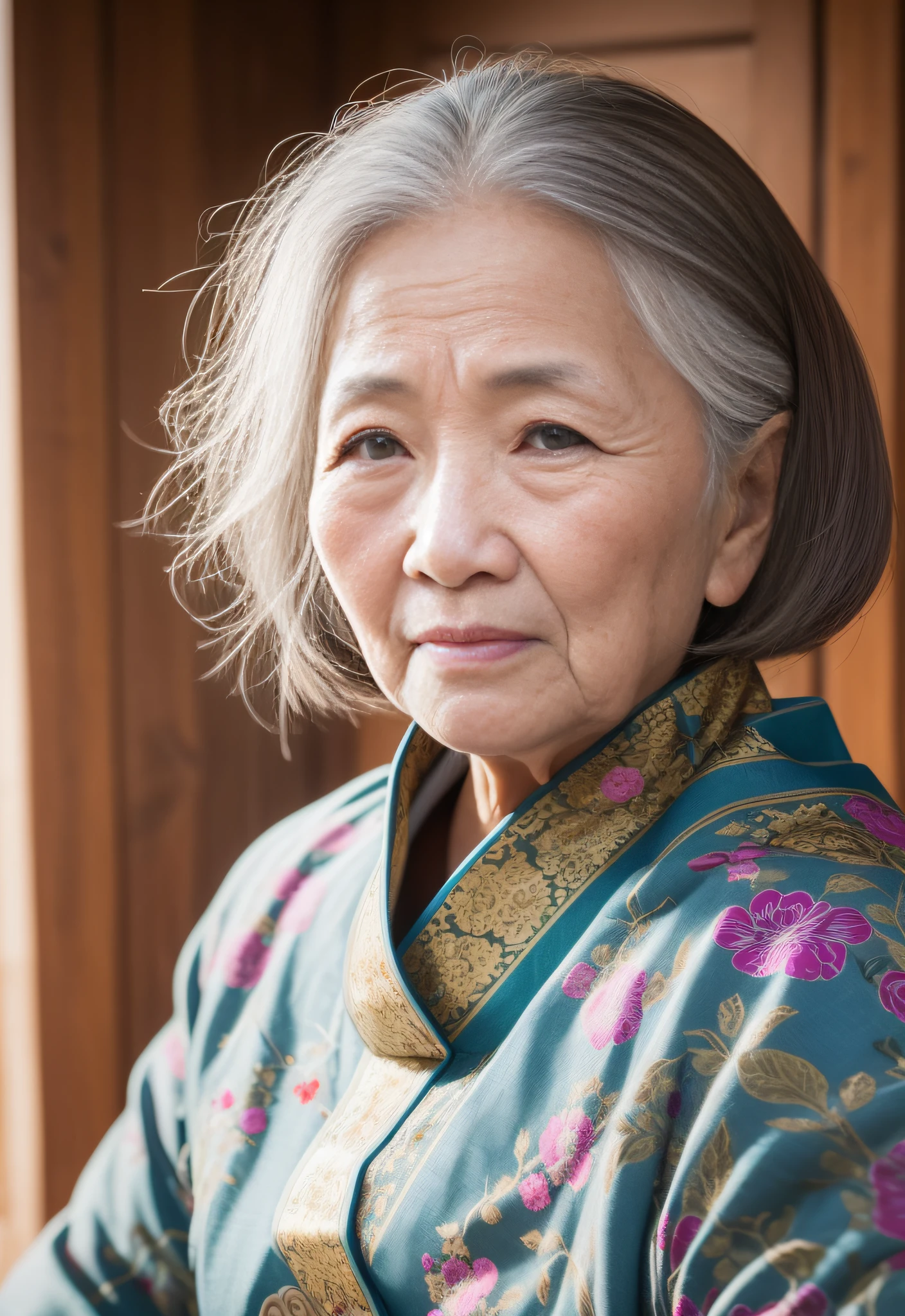 Beautiful elderly Asian woman, ageless appearance, deep wrinkles, traditional clothing, strong emotions, teary eyes, reminiscing memories, natural lighting, shallow depth of field, 50mm lens, soft light, front view, vibrant colors, portrait photography, National Geographic quality