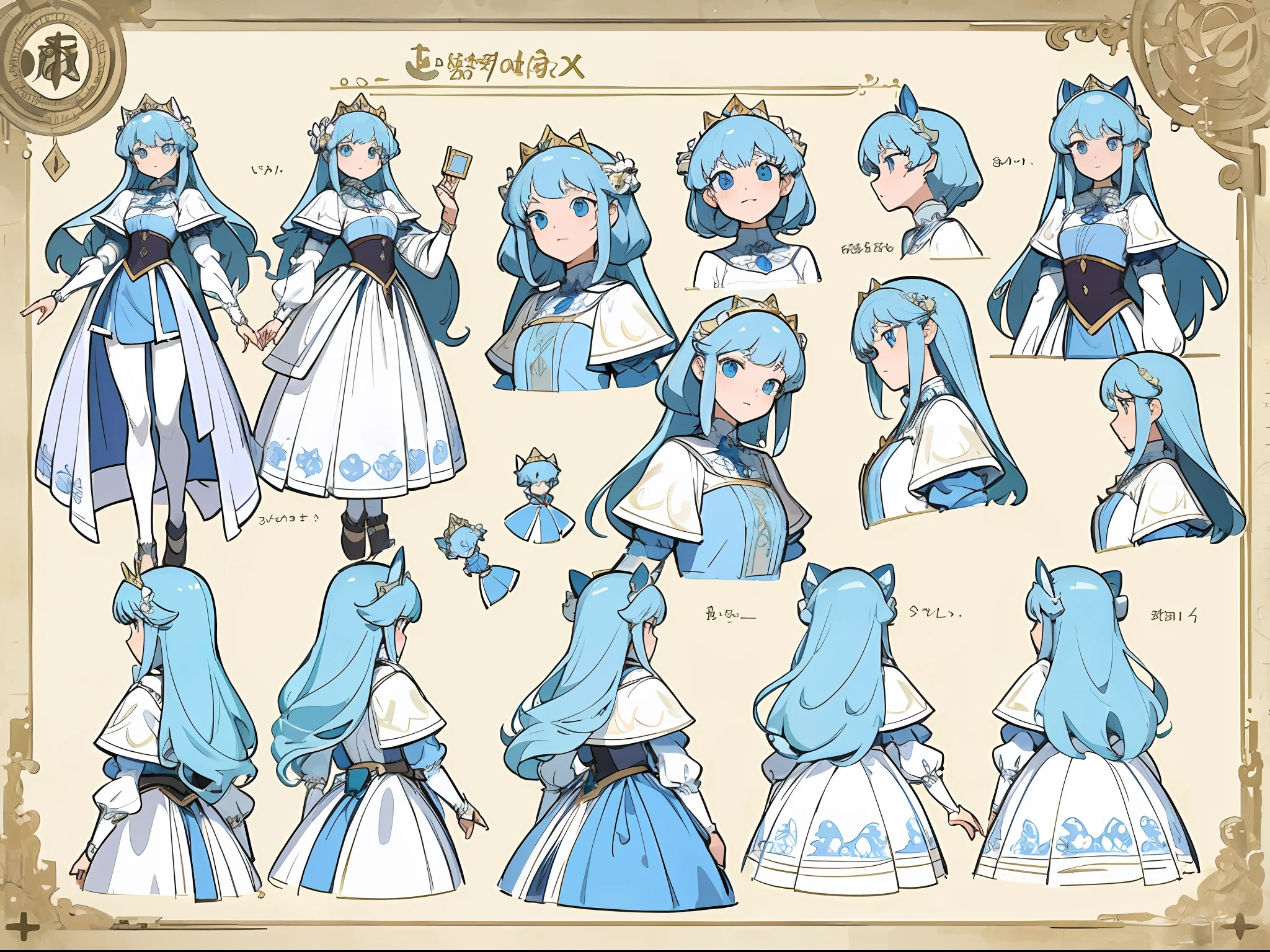 (Masterpiece, best quality) detailed, character list, lots of objects, princesses, magic, full of details, character sheet, multiple poss and expressions, highly detailed, depth, many parts