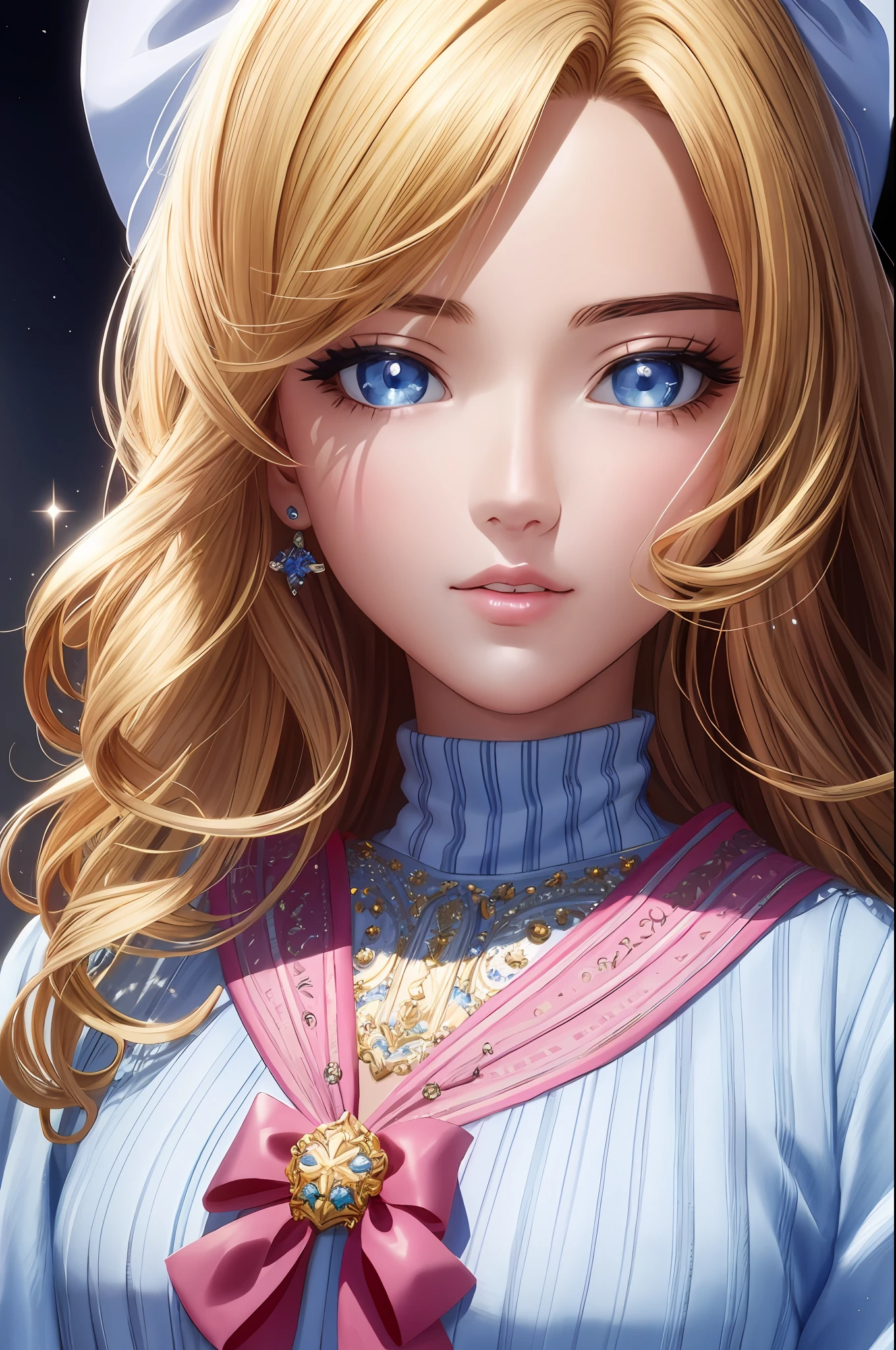 Illustration, Anime Style, (Masterpiece, Top Quality, Ultra Detail, High Resolution), Perfect Face, Side Light, Shiny Skin, (Bloom), (Shine), Lighting, Ray Tracing, 1girl, Solo, Blonde, Beautiful Glowing Blue Eyes, Everyday Wear, Hair Bow, Pink Skirt, Bow, Pink Bow, Lips, Upper Body, Curly Hair, Chest, Turtleneck Sweater, Parted Lips, Jewelry, depth_of_ field, highly detailed background, highly detailed background, masterpiece, super detail, great composition,dynamic angle,[bottle bottom],(wide shot), very delicate and beautiful,(best quality), depth of field, solo, extreme light and shadow, masterpiece, rich in detail, (fine features), (best quality), (masterpiece), (detail), (beautiful) detail, Beautiful Detail Eye,(Straight On), Upper Body,(Very Detail CG Unity 8k wallpaper),(Masterpiece), (Best Quality), (Super Detail)(Best Illustration)(Best Shadow),Perfect Lighting,Perfect Anatomy