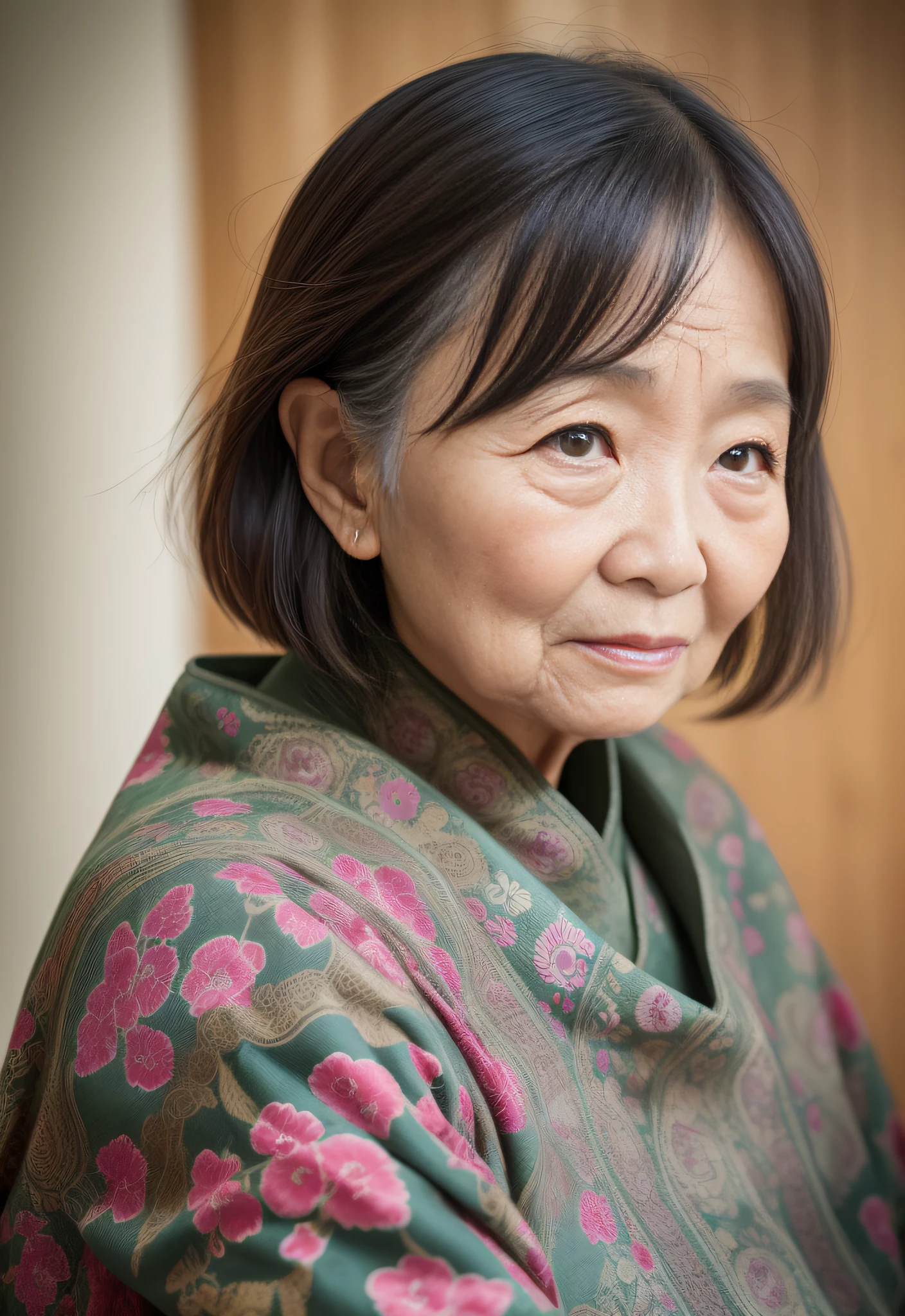 Beautiful elderly Asian woman, ageless appearance, deep wrinkles, traditional clothing, strong emotions, teary eyes, reminiscing memories, natural lighting, shallow depth of field, 50mm lens, soft light, front view, vibrant colors, portrait photography, National Geographic quality