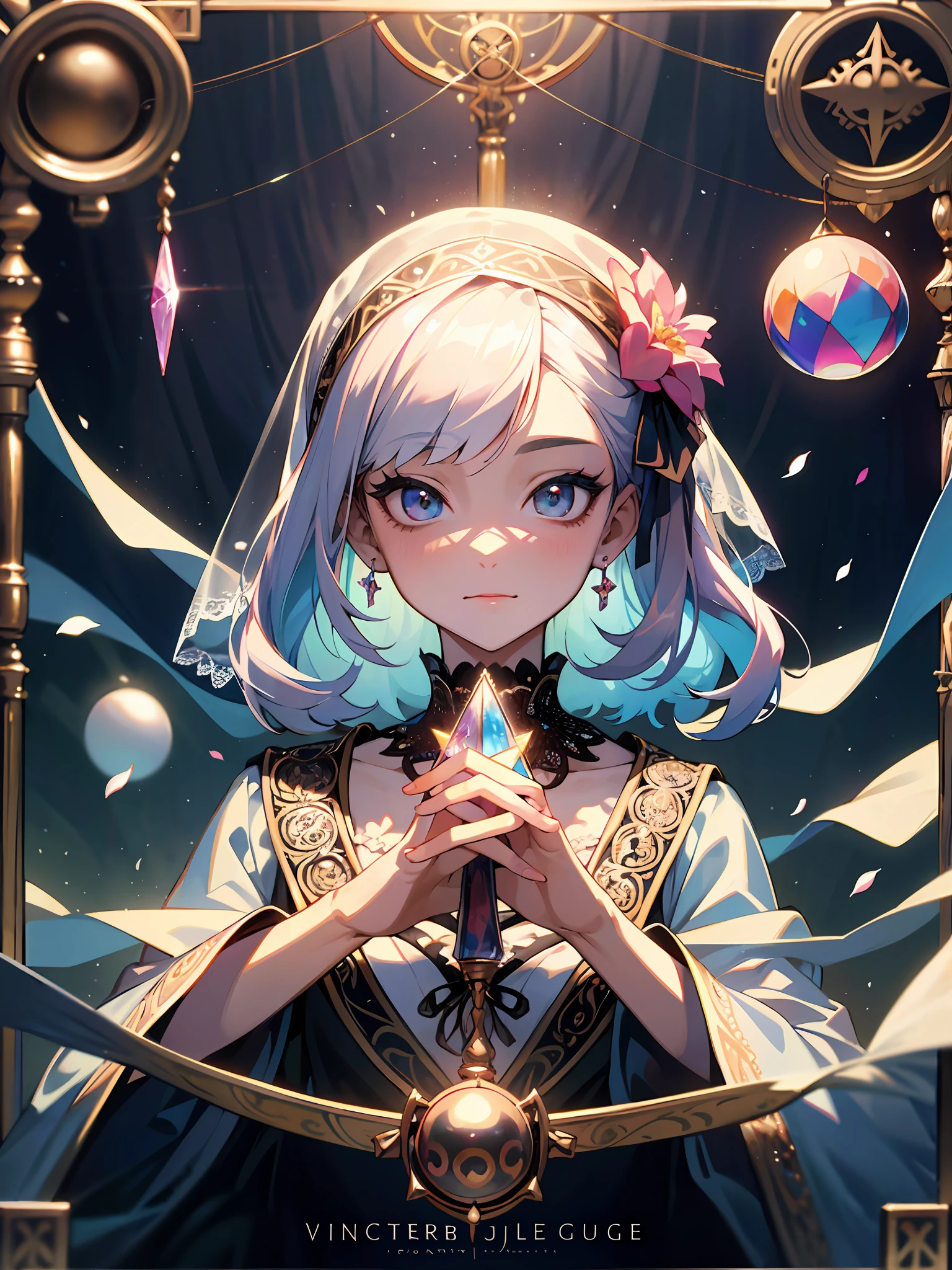 Top quality, masterpiece, high resolution, perfect detail, (very fine and beautiful: 1.1), (official art, beautifully aesthetic: 1.2), (fractal art: 1.3), (lots of flower effects: 1.4), 1girl, looking_at_viewer, portrait, solo, very vivid colorful, (many flower effects: 1.3), A lot of petals, beautiful light, Fine Beauty, (Detailed face with fine eyes: 1.1), (Beautiful clear background: 1.1), lace, ribbon, flowers and petals, beautiful concept illustration, crystal ball, holding tarot card in hand, fortune teller, fortune teller's veil, fortune teller's clothes in a highly decorated fortune teller's tent stands in a dark alleyway , Inside, an ugly old woman in a strange gypsy costume sits at a table, her hands on a crystal ball and a Ouija board