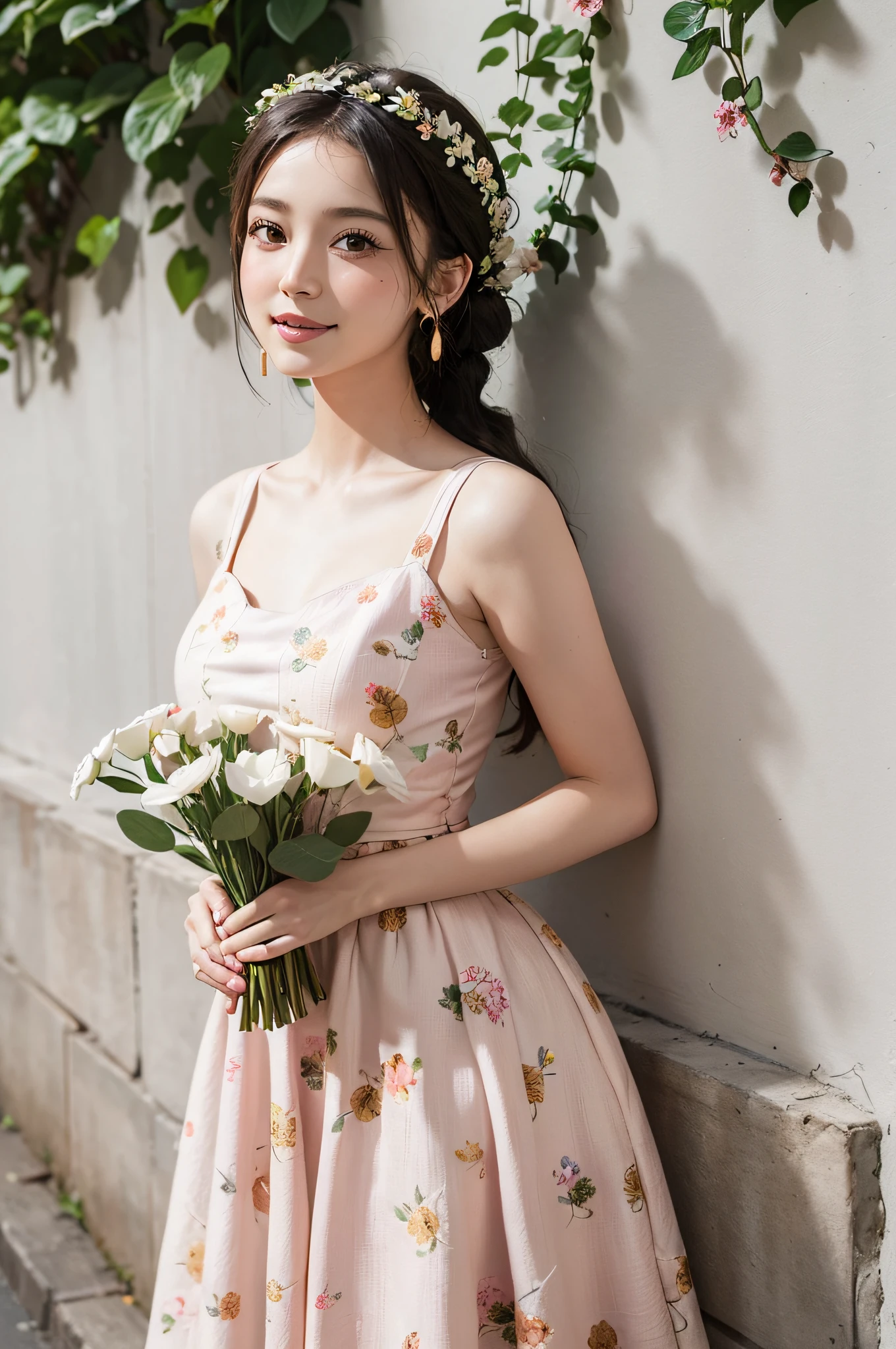 “(bestquality), (masterpiece) 1girl, with a warm smile on her face, wearing a light pink summer dress with a floral pattern, standing in front of a rustic white wall covered in ivy, with her black hair tied back in a loose braid, looking directly at the camera with her chin slightly raised, with a pair of small gold hoop earrings in her earlobes, holding a bouquet of wildflowers in her hands, and basking in the soft warm glow of the afternoon sun.”..