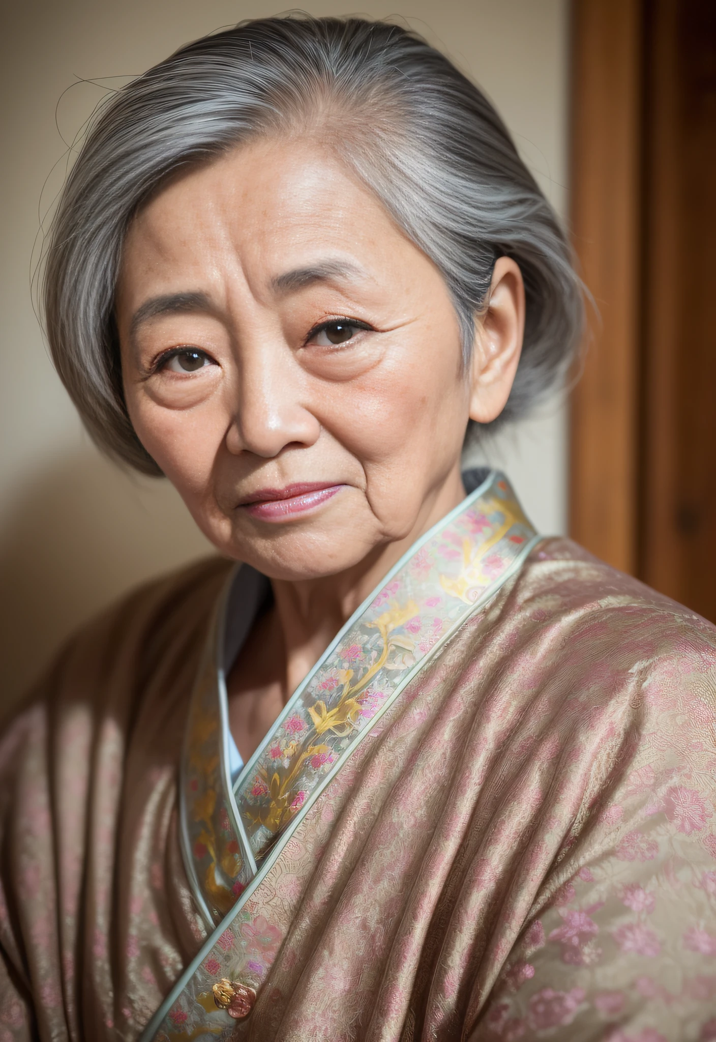 Beautiful elderly Asian woman, ageless appearance, deep wrinkles, traditional clothing, strong emotions, teary eyes, reminiscing memories, natural lighting, shallow depth of field, 50mm lens, soft light, front view, vibrant colors, portrait photography, National Geographic quality