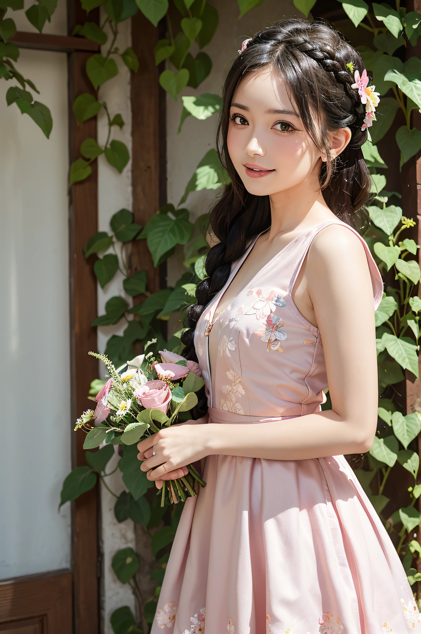 “(bestquality), (masterpiece) 1girl, with a warm smile on her face, wearing a light pink summer dress with a floral pattern, standing in front of a rustic white wall covered in ivy, with her black hair tied back in a loose braid, looking directly at the camera with her chin slightly raised, with a pair of small gold hoop earrings in her earlobes, holding a bouquet of wildflowers in her hands, and basking in the soft warm glow of the afternoon sun.”..