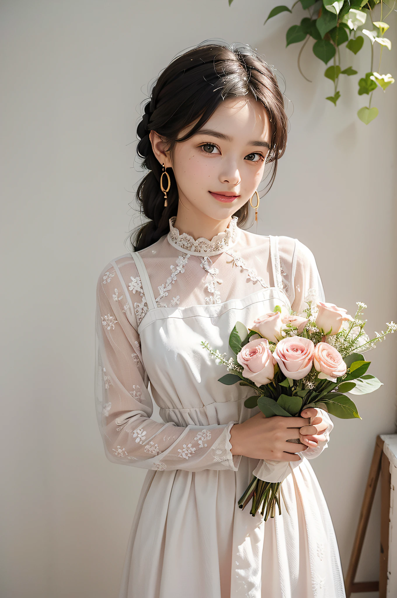 “(bestquality), (masterpiece) 1girl, with a warm smile on her face, wearing a light pink summer dress with a floral pattern, standing in front of a rustic white wall covered in ivy, with her black hair tied back in a loose braid, looking directly at the camera with her chin slightly raised, with a pair of small gold hoop earrings in her earlobes, holding a bouquet of wildflowers in her hands, and basking in the soft warm glow of the afternoon sun.”..