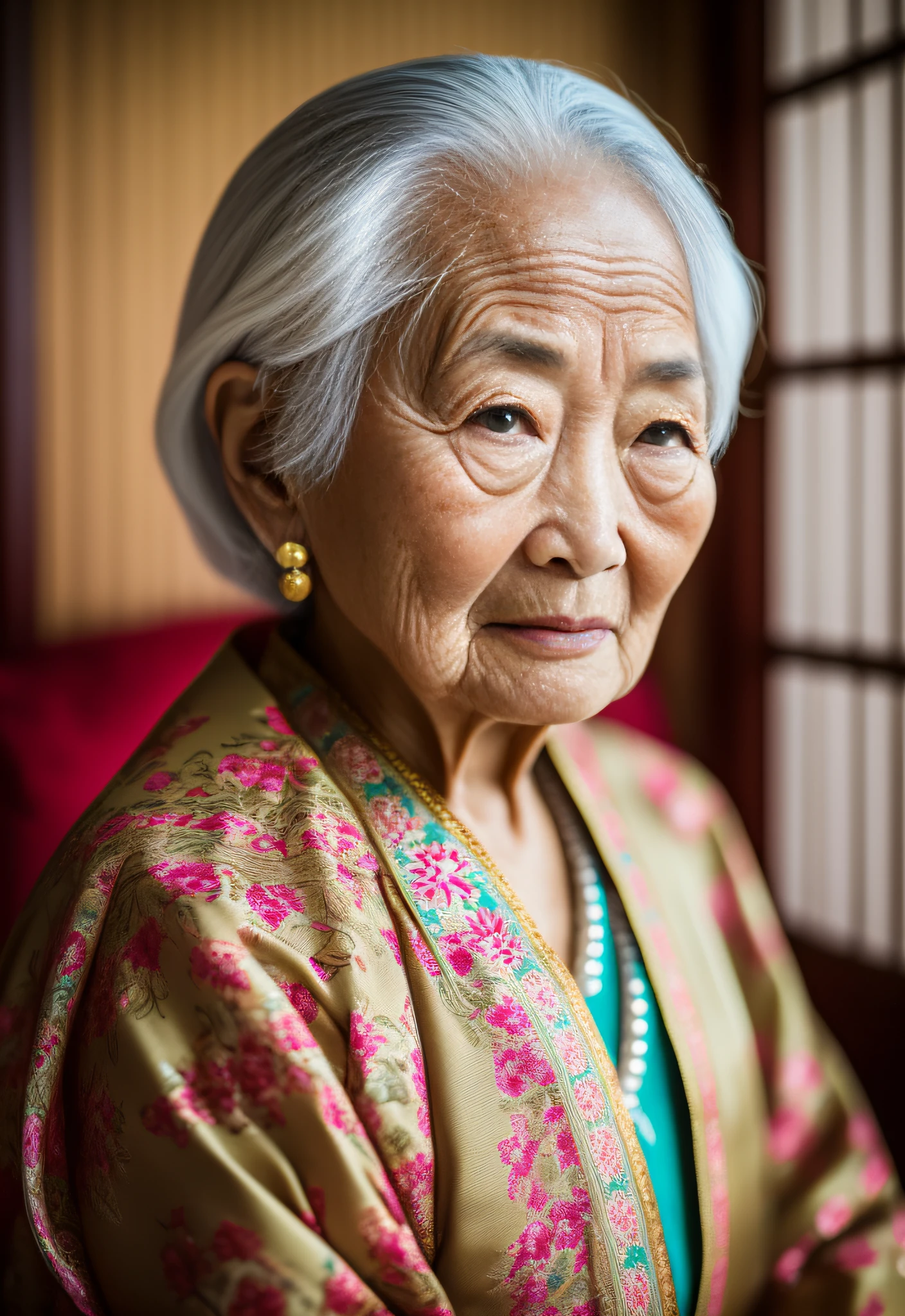 Beautiful elderly Asian woman, ageless appearance, deep wrinkles, traditional clothing, strong emotions, teary eyes, reminiscing memories, natural lighting, shallow depth of field, 50mm lens, soft light, front view, vibrant colors, portrait photography, National Geographic quality