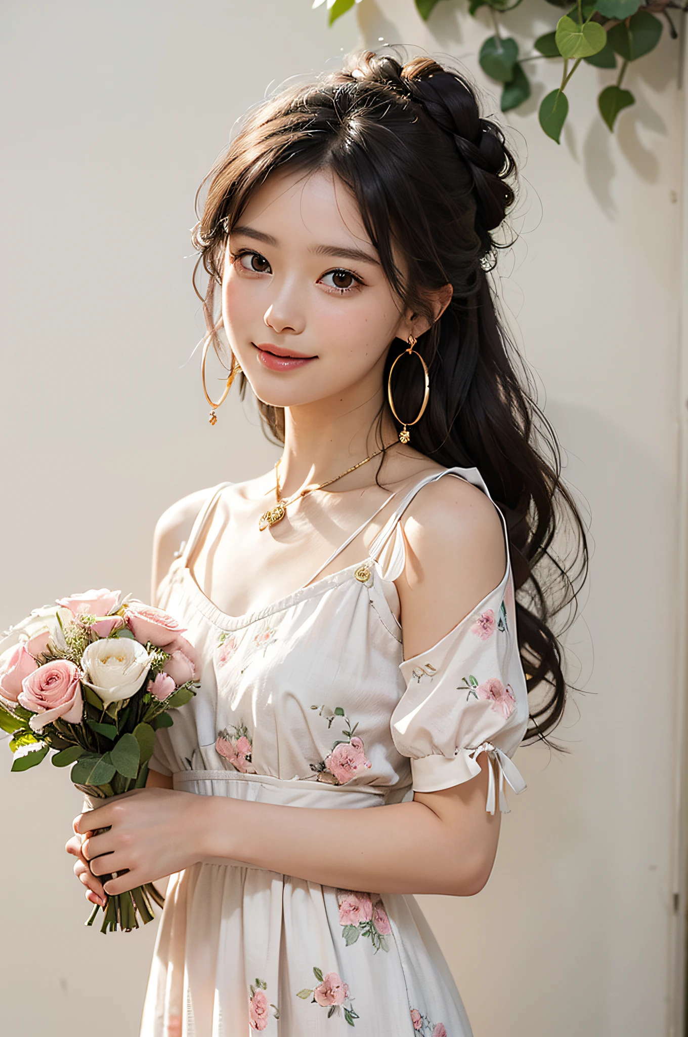 “(bestquality), (masterpiece) 1girl, with a warm smile on her face, wearing a light pink summer dress with a floral pattern, standing in front of a rustic white wall covered in ivy, with her black hair tied back in a loose braid, looking directly at the camera with her chin slightly raised, with a pair of small gold hoop earrings in her earlobes, holding a bouquet of wildflowers in her hands, and basking in the soft warm glow of the afternoon sun.”..
