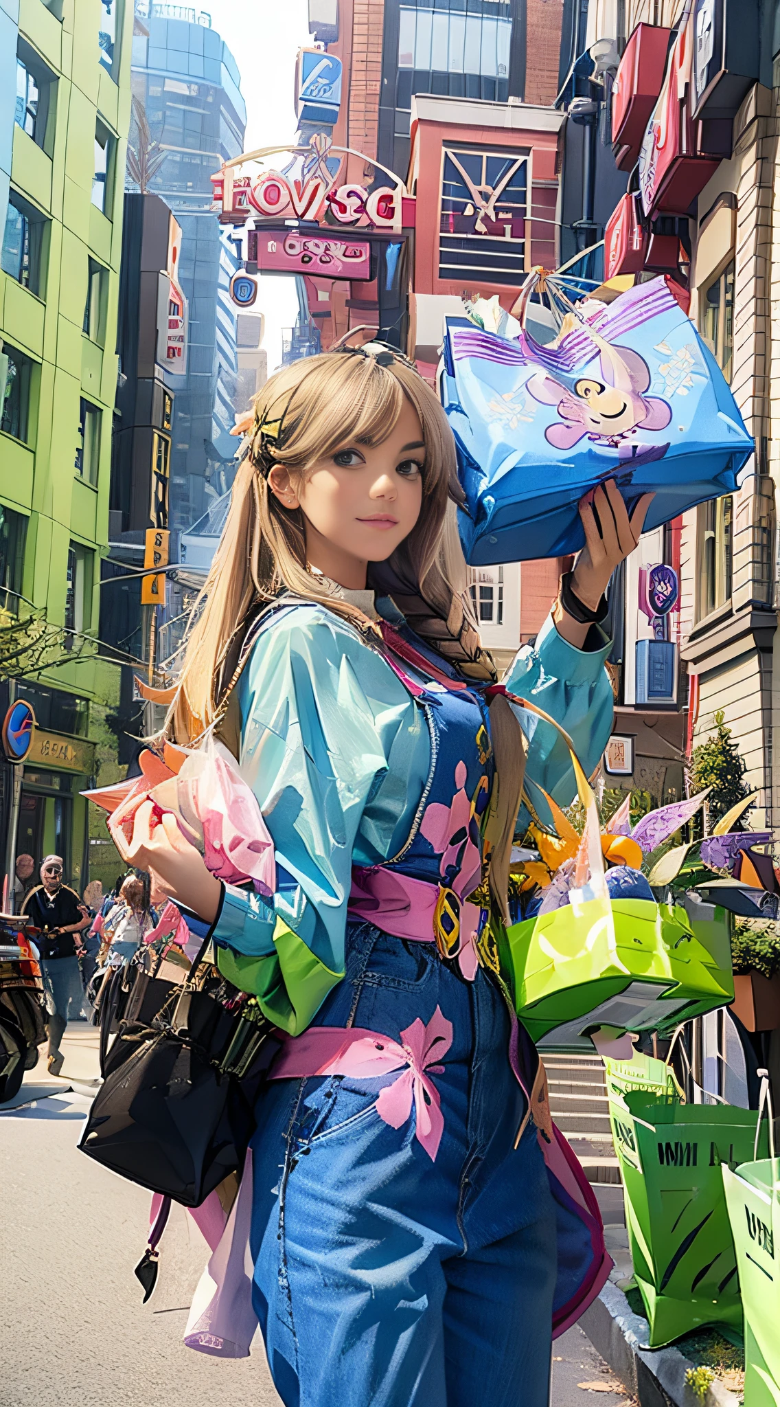 A rapunzel girl and her friend carrying two or three shopping bags shopping in future tech city, tech city, futuristic, pleasant, illustration design
8K