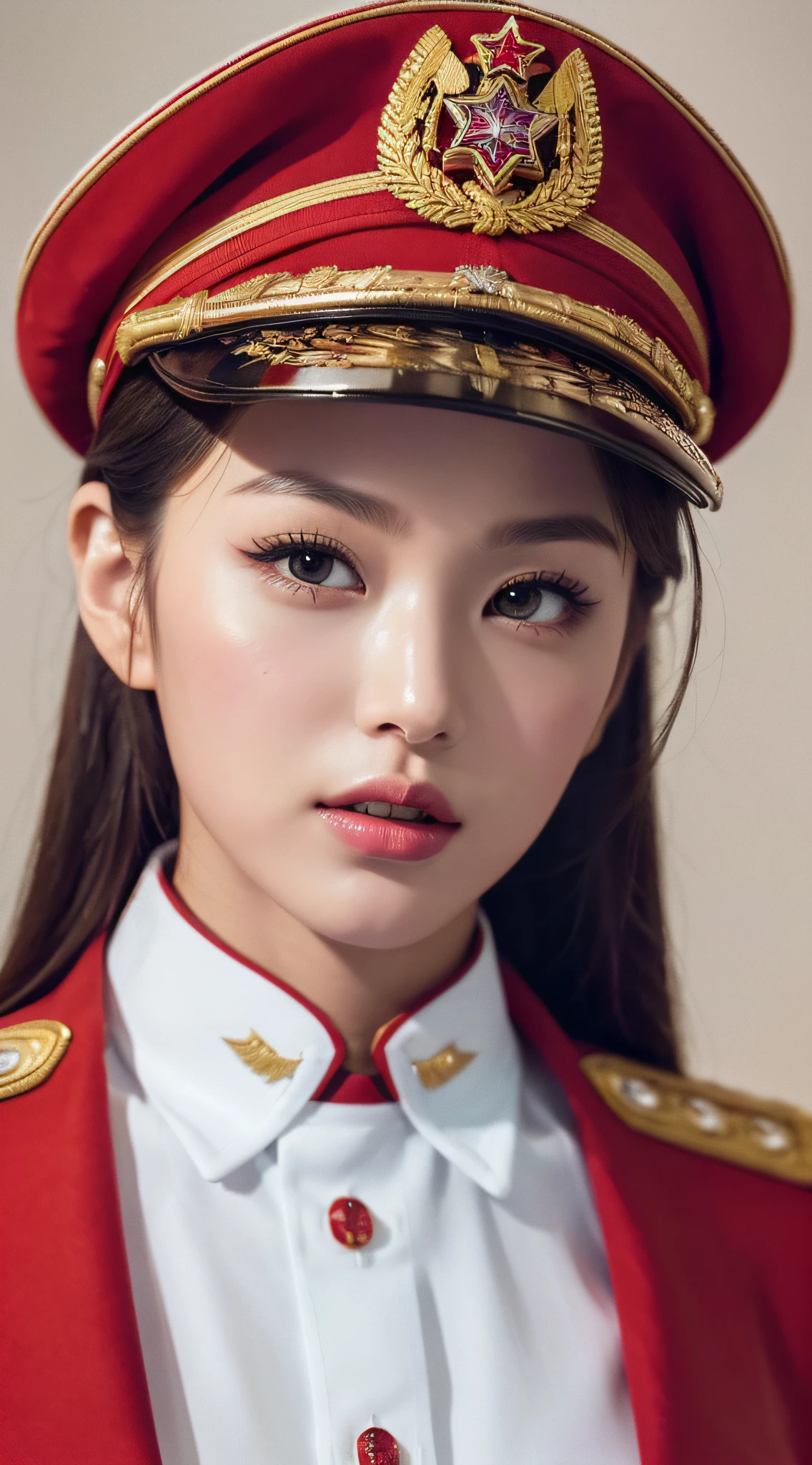 ((Realistic lighting, Masterpiece: 1.3)), (raw photo:1.2), Hyperrealist portrait Beautiful Chinese girl, 20 years old, ((skin white: 1.6)), beautiful eyes, very detailed eyes and face, (full real formal crimson red military uniform), (military short), (military cap), ((high rank)), military cape, charming cute face, natural makeup: 1.2, (military saluted), chignon, Best quality, 8K, professional photography, (full body view), military parade background