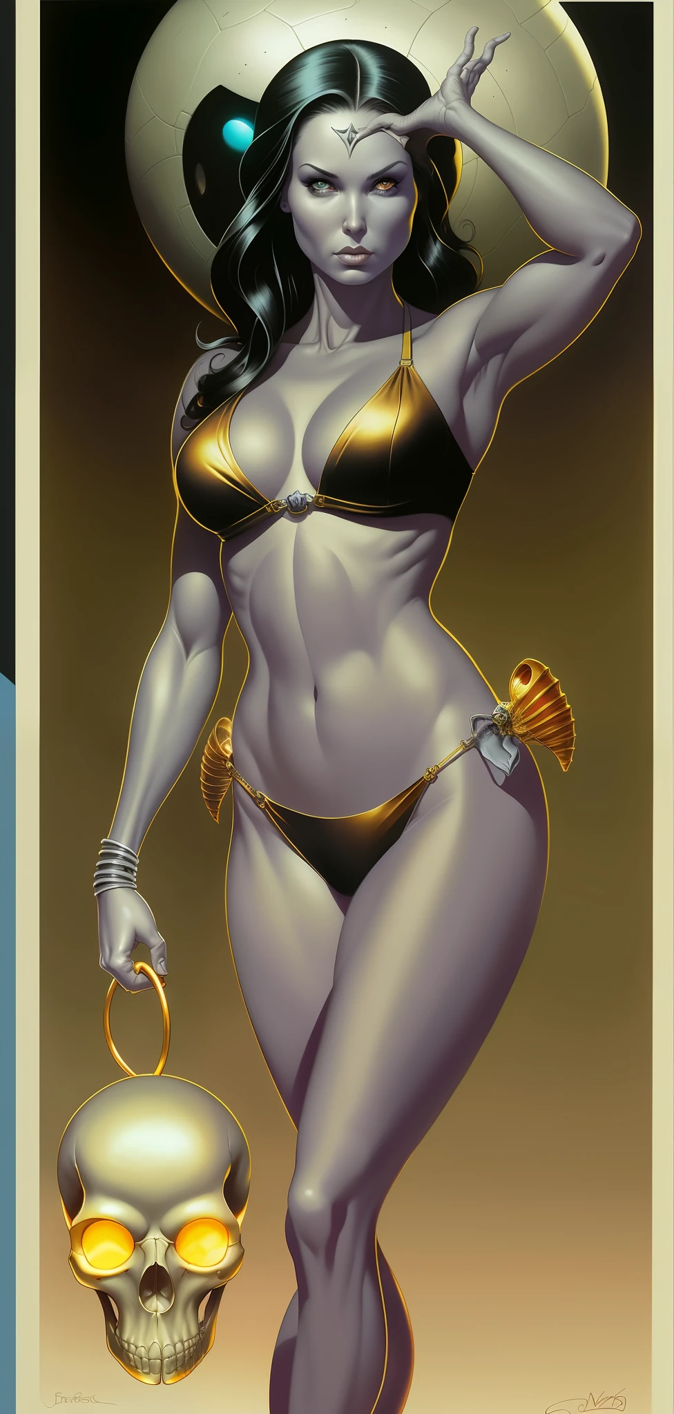 Bikini woman holding a skull, full body, realistic pencil drawing, she does not tattoo, realistic drawing, by Mark Brooks, Boris Vallejo and Tom Bagshaw, by Tom Bagshaw and Boris Vallejo, by Jason Edmiston, Boris Vallejo and Ilya Kuvshinov, Chris Moore. artgerm, inspired by Jason Edmiston, pinup art