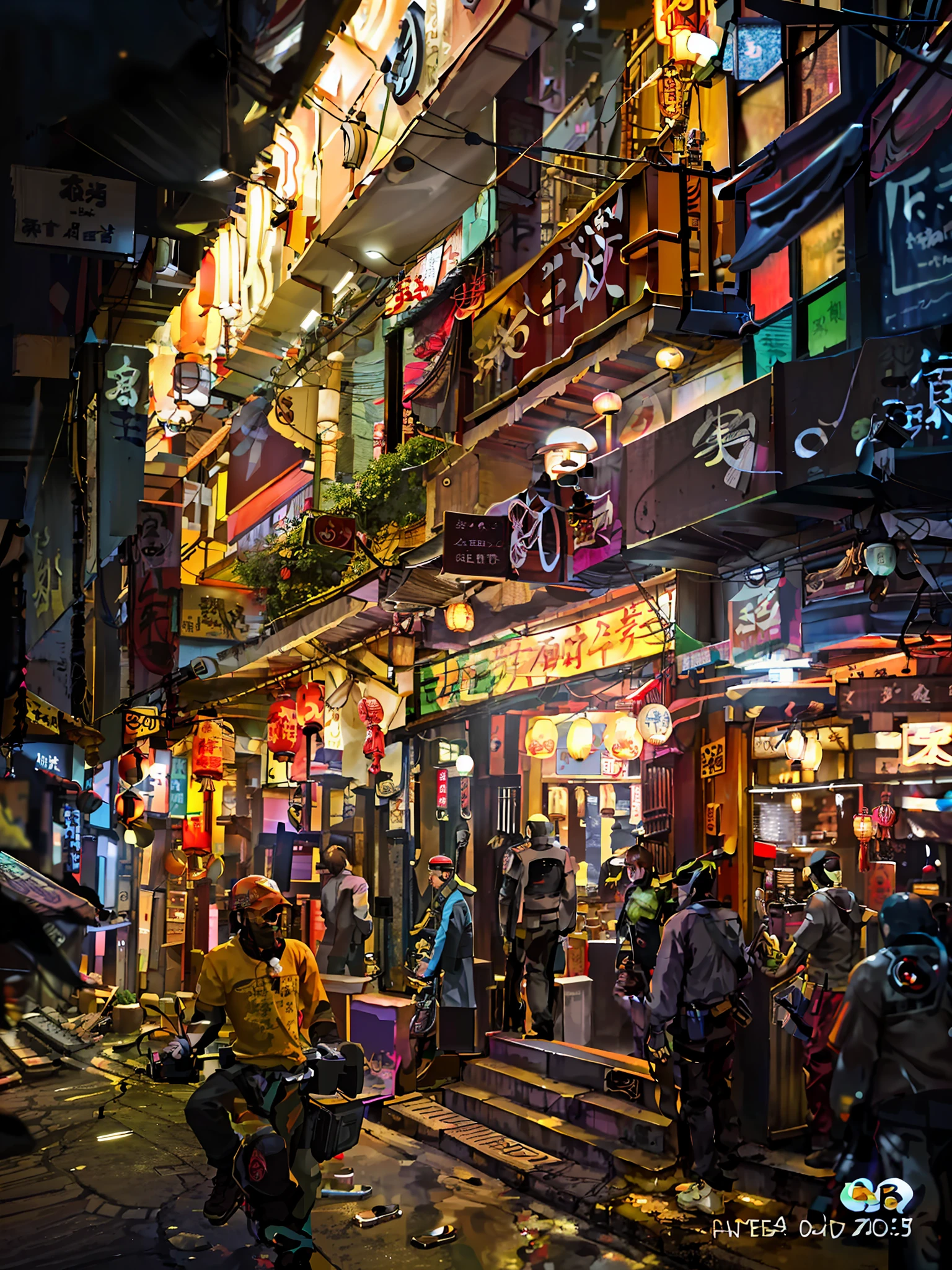 there is a man riding a motorcycle down a street at night, like jiufen, warm street lights store front, 2 4 mm iso 8 0 0 color, in a narrow chinese alley, cyberpunk streets in japan, street of hong kong, kowloon cyberpunk, the neat and dense buildings, in city street at night, streets of hong kong
