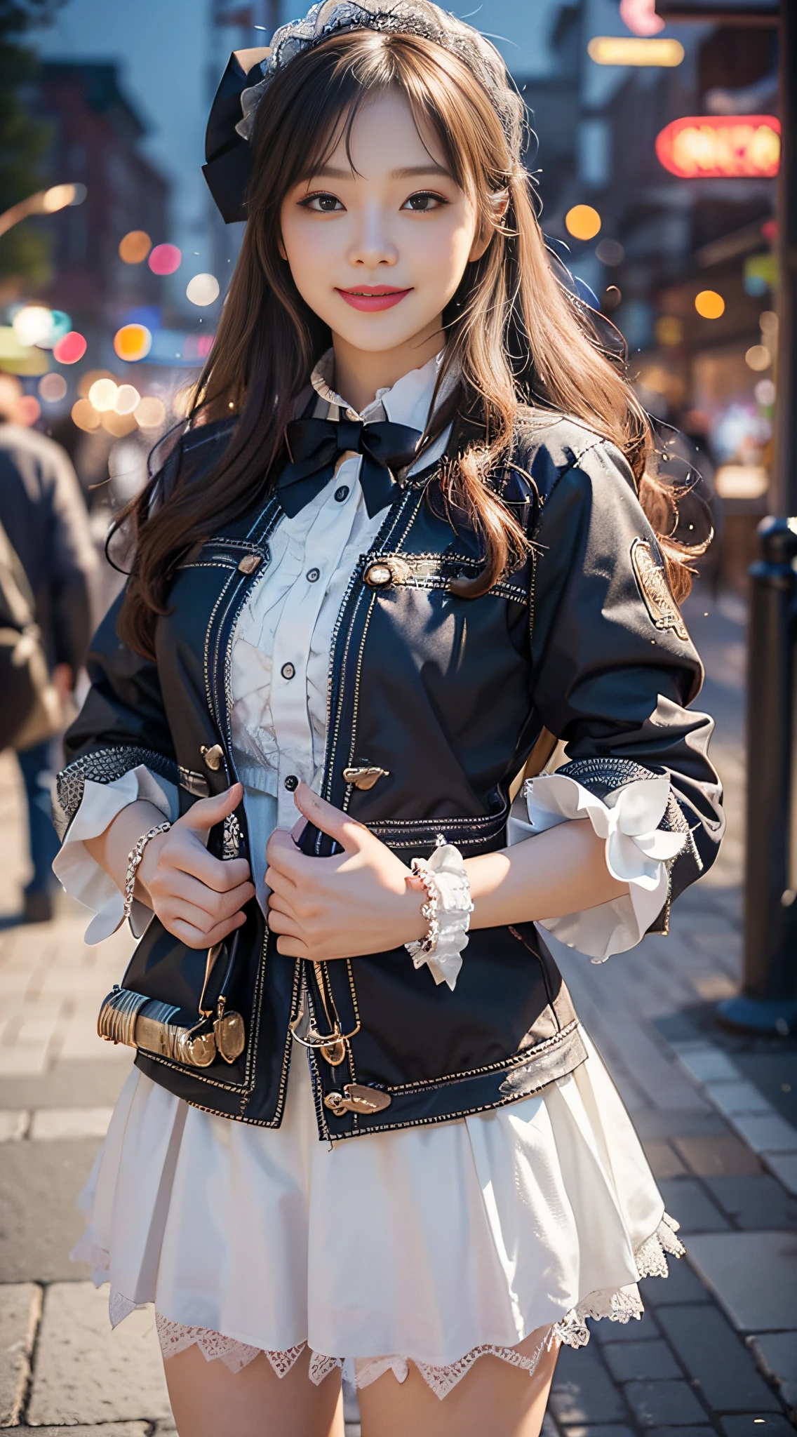 1girl, solo,mix4, (realistic:1.1), (photorealistic:1.1), (masterpiece:1.1), (best quality:1.1), ultra detailed, looking at viewer, smile,sweet_ta,standing , natural lighting, depth of field, (pureerosface_v1:0.8), amusement park in the background,(night),.