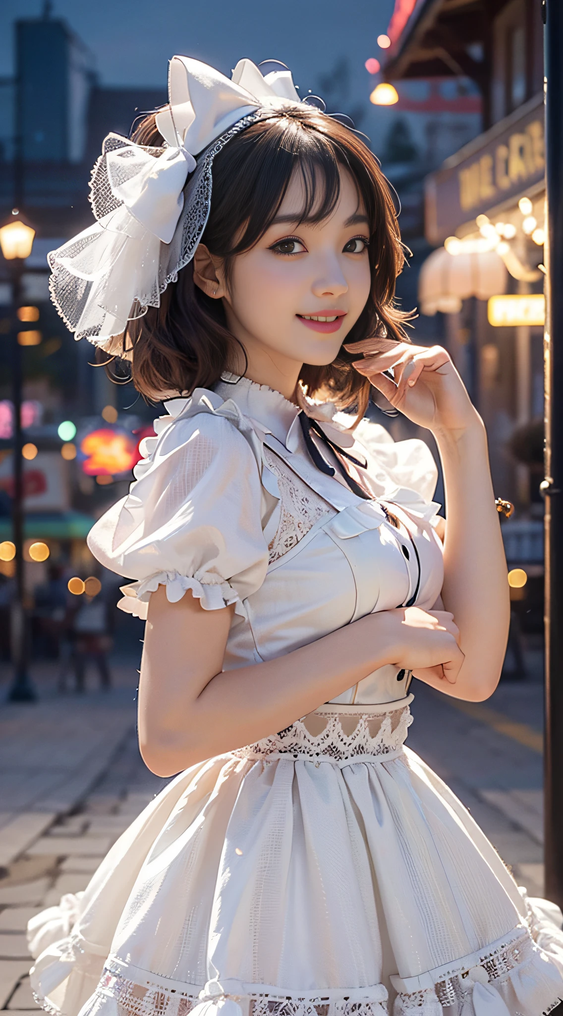 1girl, solo,mix4, (realistic:1.1), (photorealistic:1.1), (masterpiece:1.1), (best quality:1.1), ultra detailed, looking at viewer, smile,sweet_lolita,standing , natural lighting, depth of field, (pureerosface_v1:0.8), amusement park in the background,(night),.
