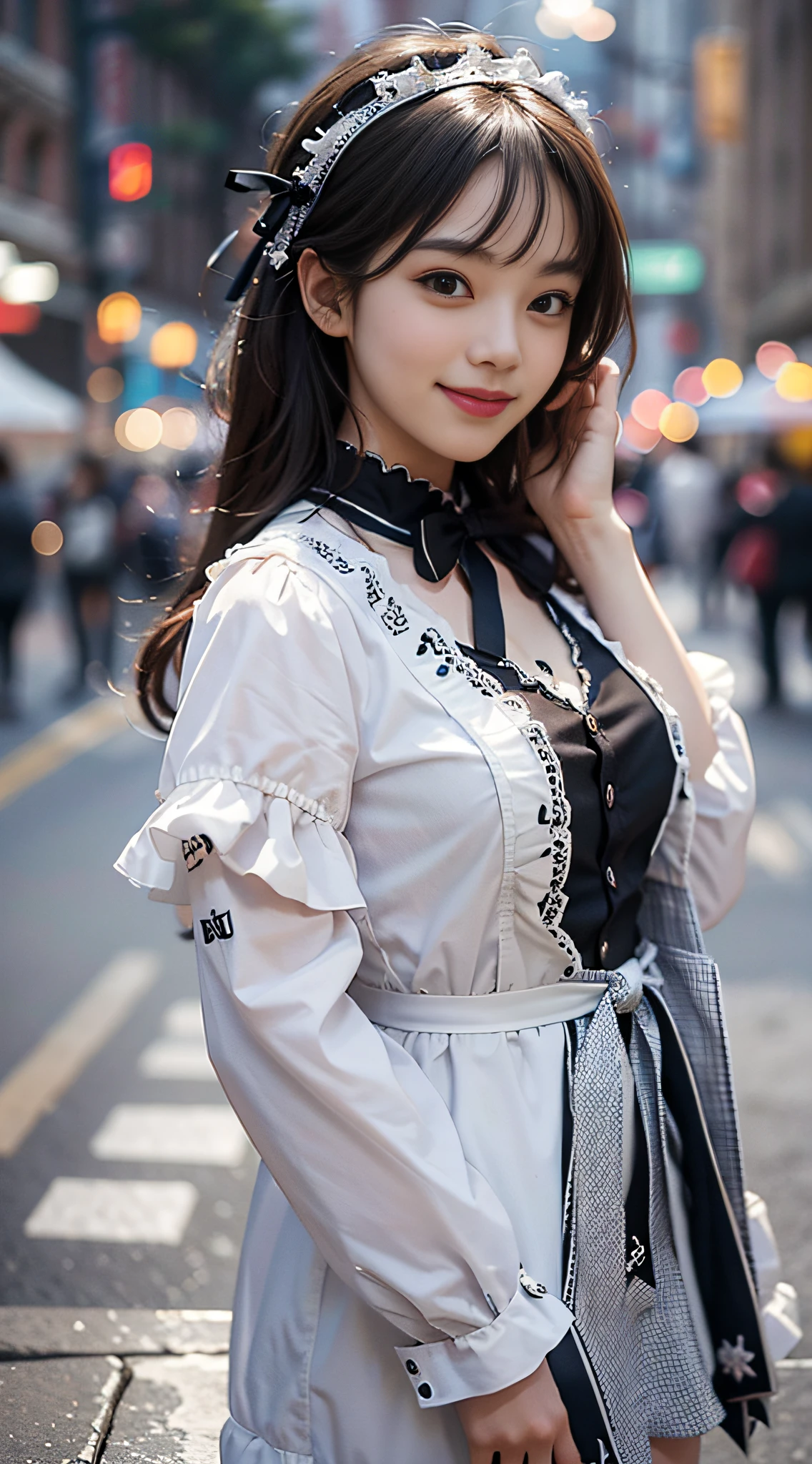 1girl, solo,mix4, (realistic:1.1), (photorealistic:1.1), (masterpiece:1.1), (best quality:1.1),  ultra detailed, looking at viewer, smile,sweet_lolita,standing , natural lighting, depth of field, (pureerosface_v1:0.8), amusement park in the background,(night),.