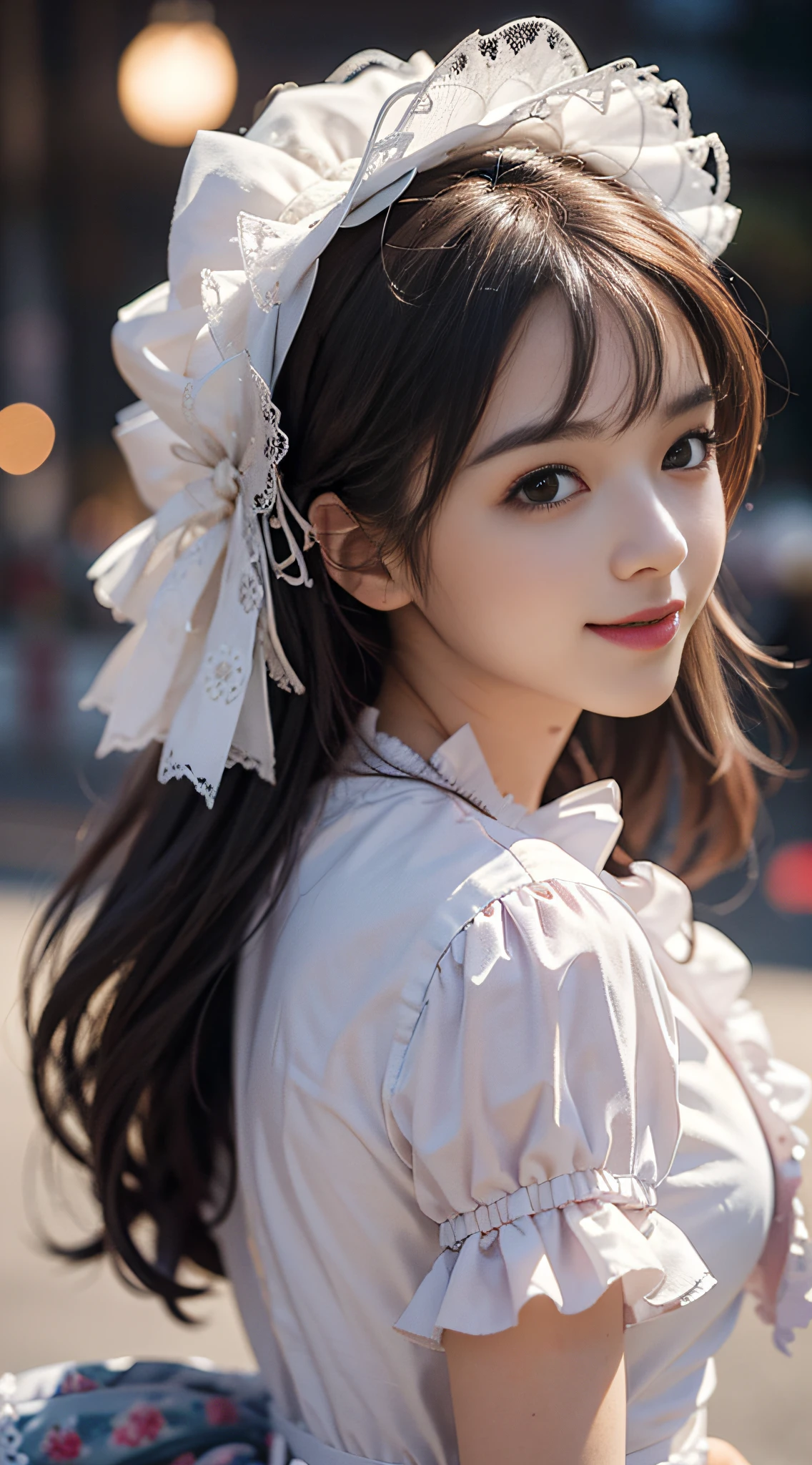 1girl, solo,mix4, (realistic:1.1), (photorealistic:1.1), (masterpiece:1.1), (best quality:1.1), ultra detailed, looking at viewer, smile,sweet_lolita,standing , natural lighting, depth of field, (pureerosface_v1:0.8), amusement park in the background,(night),.