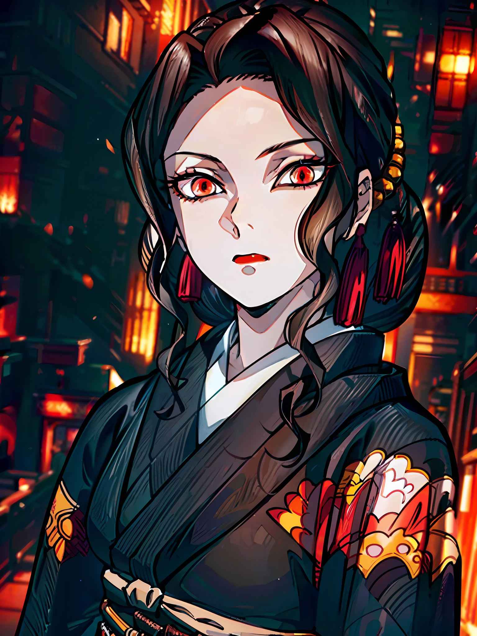 Ultra-realistic 8k CG,masterpiece,((ultra-detailed background, delicate pattern, intricate details)),best quality,very detailed face,extremely detailed eyes and face,(extremely detailed eyes:1.2),(masterpiece:1.2, best quality) BREAK ,MuzanFemale,1girl,red eyes,kimono,black hair,solo,looking at viewer,red lips,makeup,hair ornament,earrings,jewelry,solo,long hair,angry,closed mouth,((full body)), BREAK ,cinematic lighting,demonic,red particles,detailed background,complex structures,hyperdetailed sharp face,dynamic pose,Sunny day,Sun,Light,Tindal effect,Ancient towns in Japan,Charming posture