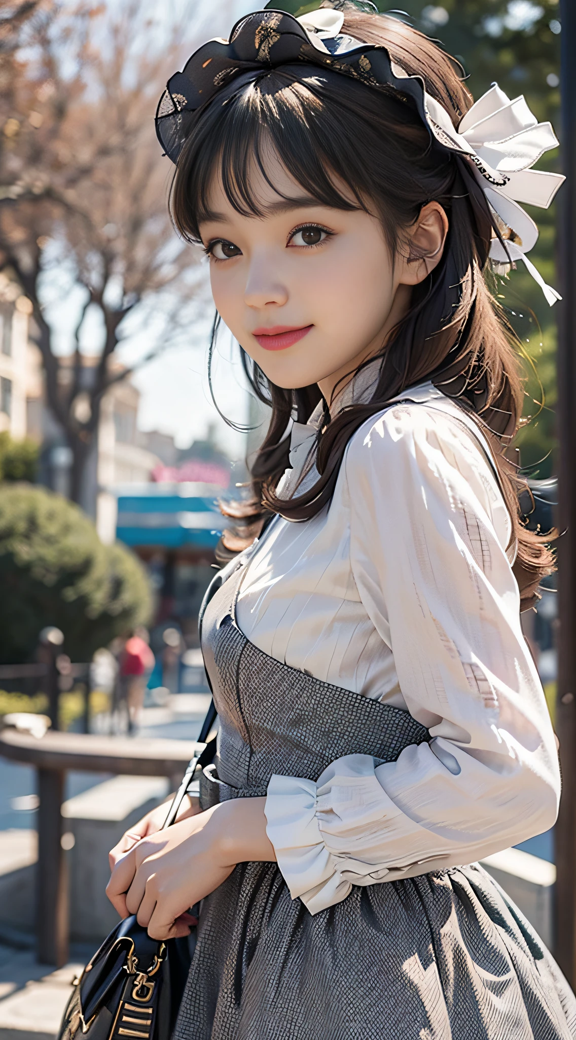1girl, solo, mix 4, (realistic:1.1), (realistic:1.1), (masterpiece: 1.1), (best quality: 1.1), super detailed, looking at the audience, smiling, sweet_lolita, standing, natural lighting, depth of field, (pureerosface_v1:0.8), amusement park in the background, (evening),