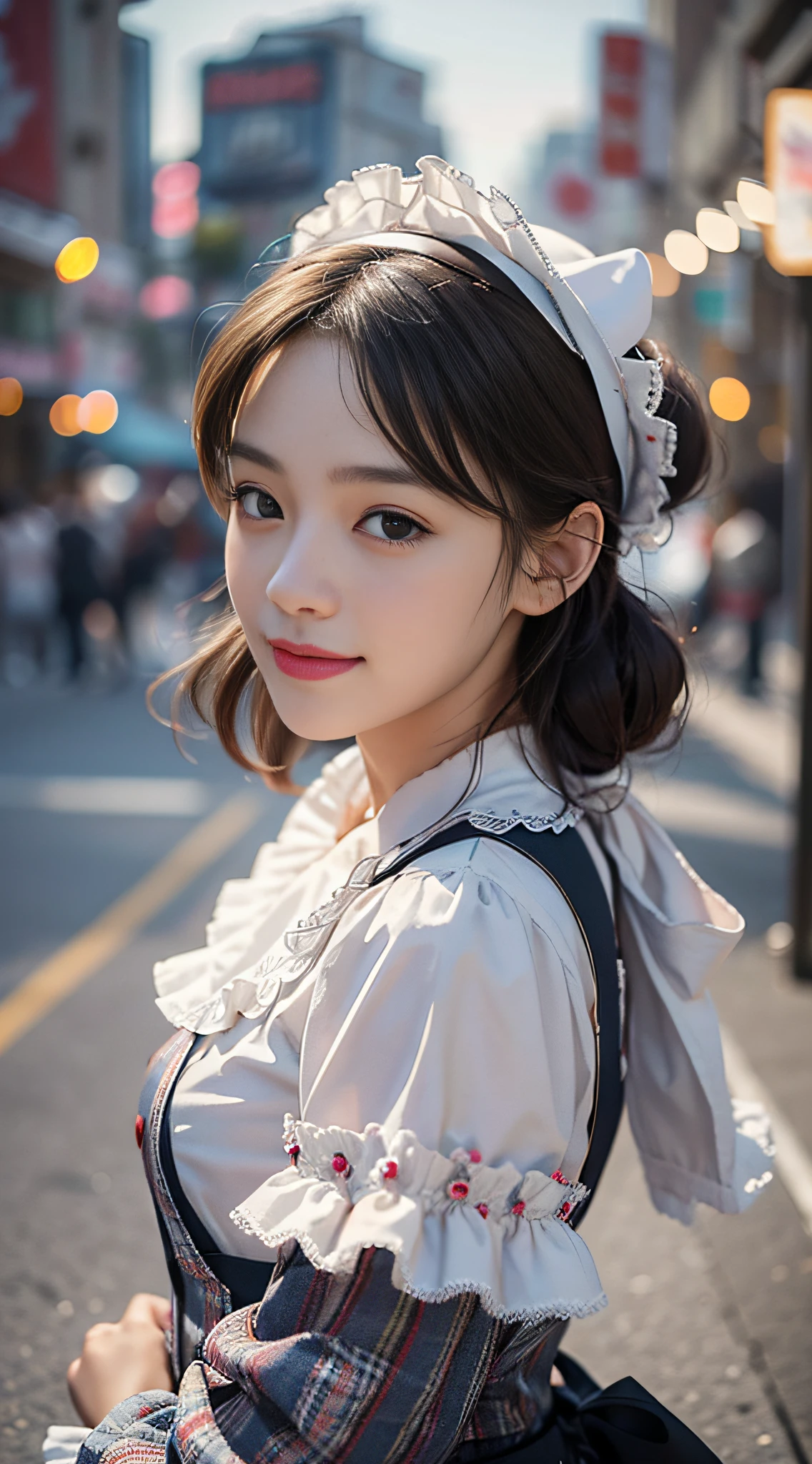 1girl, solo, mix 4, (realistic:1.1), (realistic:1.1), (masterpiece: 1.1), (best quality: 1.1), super detailed, looking at the audience, smiling, sweet_lolita, standing, natural lighting, depth of field, (pureerosface_v1:0.8), amusement park in the background, (evening),