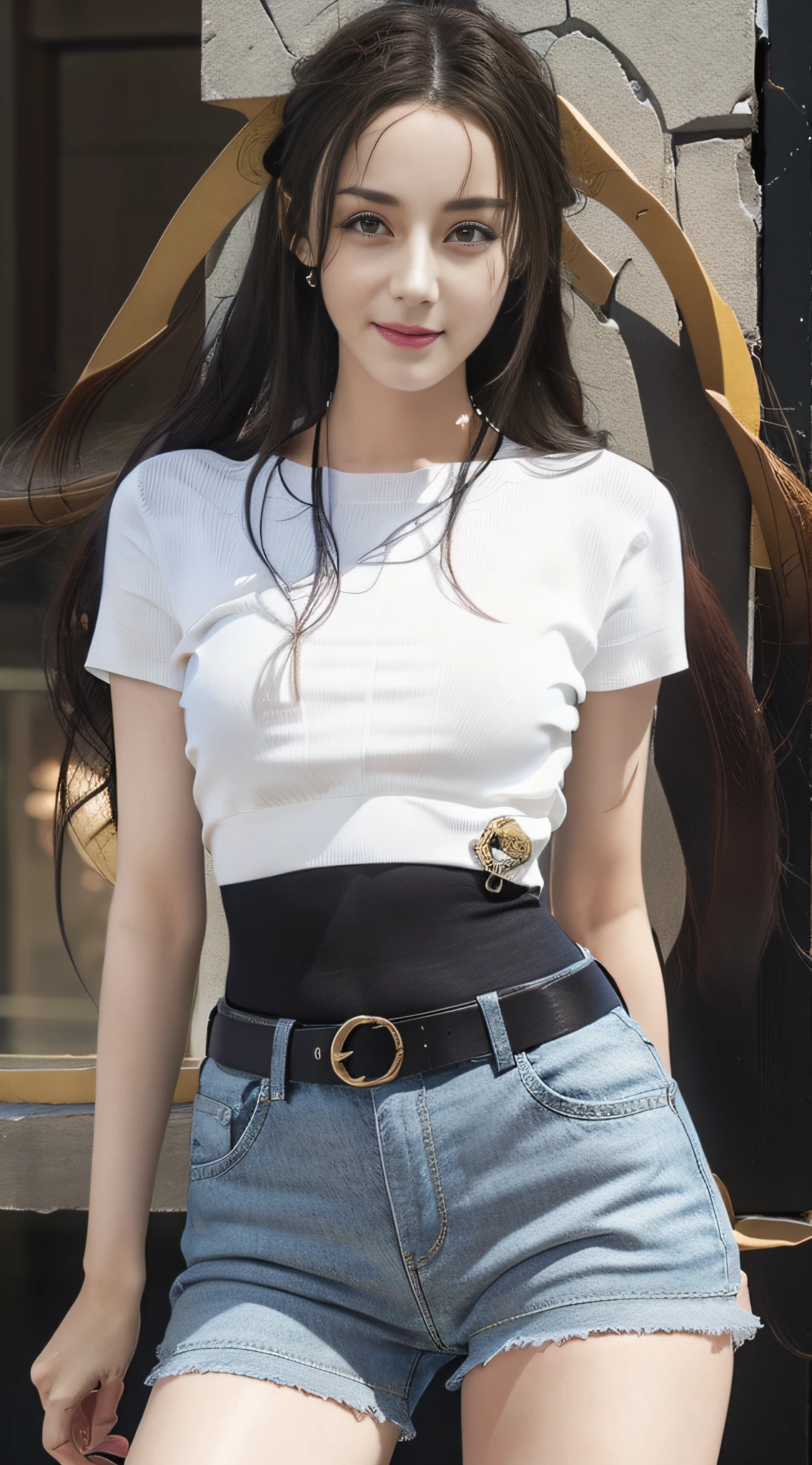 Best quality, masterpiece, realistic photos, intricate details, original photos, summer color knitted slim t-shirt, cropped t-shirt, open waist, light blue casual shorts, photon rendering, octane rendering, ridiculous, ultra-detailed, detailed face, detailed skin, trends on artstation, 8k masterpiece, cinematic lighting, ((1girl)), ((solo)), ((looking_at_viewer)), CG society, plasticien ,(black long hair)),((beautiful woman)),(Smile),(Egyptian pyramid)), ((sexy)),windblown hair,((flowing hair)),happy,fashion magazine,