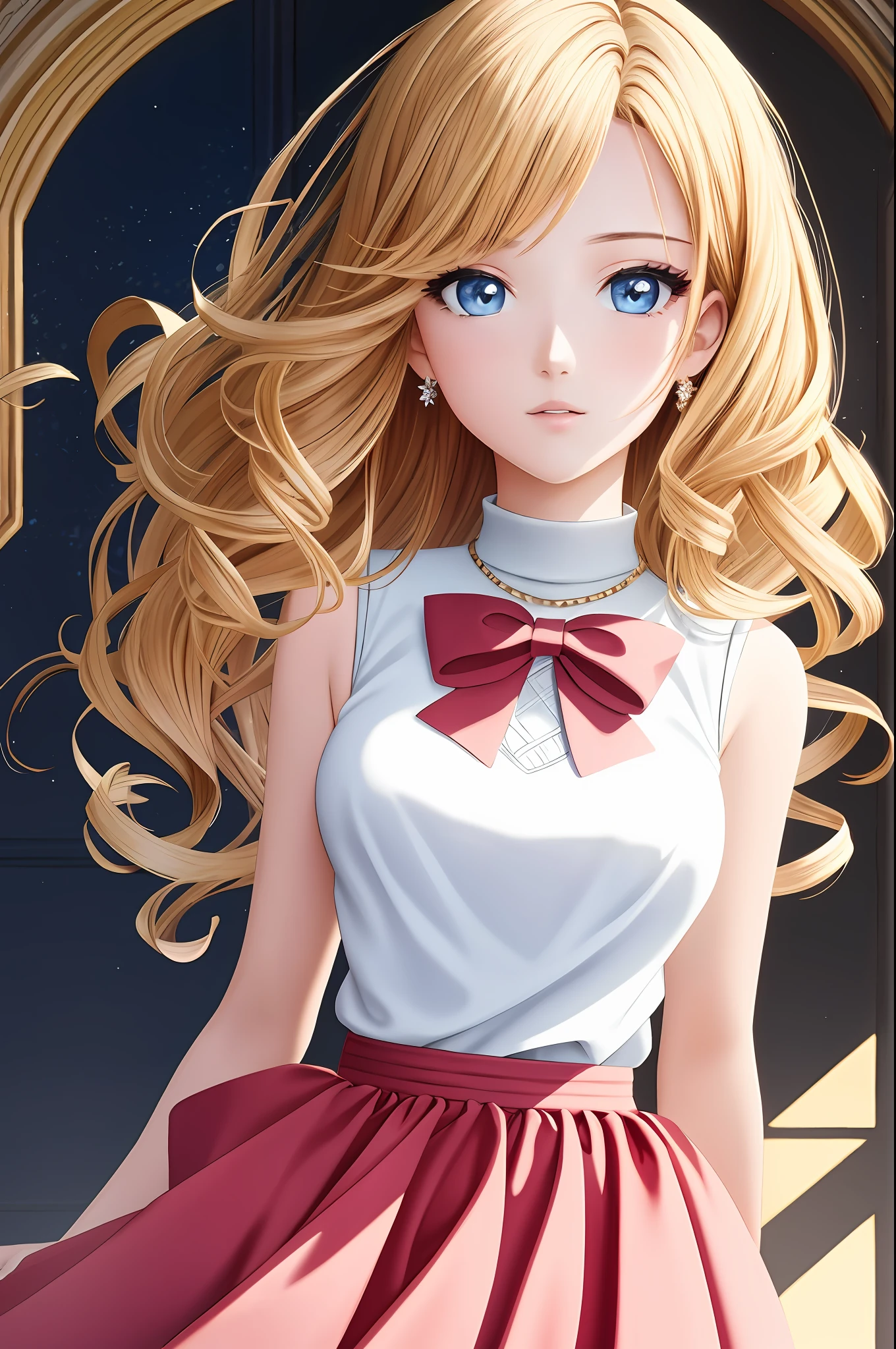 Illustration, Anime Style, (Masterpiece, Top Quality, Ultra Detail, High Resolution), Perfect Face, Side Light, Shiny Skin, (Bloom), (Shine), Lighting, Ray Tracing, 1girl, Solo, Blonde, Beautiful Glowing Blue Eyes, Everyday Wear, Hair Bow, Pink Skirt, Bow, Pink Bow, Lips, Upper Body, Curly Hair, Chest, Turtleneck Sweater, Parted Lips, Jewelry, depth_of_ field, highly detailed background, highly detailed background, masterpiece, super detail, great composition,dynamic angle,[bottle bottom],(wide shot), very delicate and beautiful,(best quality), depth of field, solo, extreme light and shadow, masterpiece, rich in detail, (fine features), (best quality), (masterpiece), (detail), (beautiful) detail, Beautiful Detail Eye,(Straight On), Upper Body,(Very Detail CG Unity 8k wallpaper),(Masterpiece), (Best Quality), (Super Detail)(Best Illustration)(Best Shadow),Perfect Lighting,Perfect Anatomy