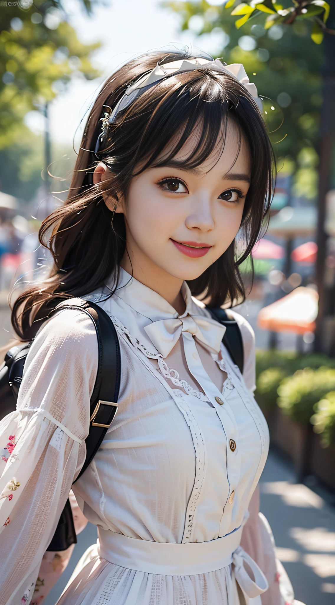 1girl, solo, mix 4, (realistic:1.1), (realistic:1.1), (masterpiece: 1.1), (best quality: 1.1), super detailed, looking at the audience, smiling, sweet_lolita, standing, natural lighting, depth of field, (pureerosface_v1:0.8), amusement park in the background, (evening),