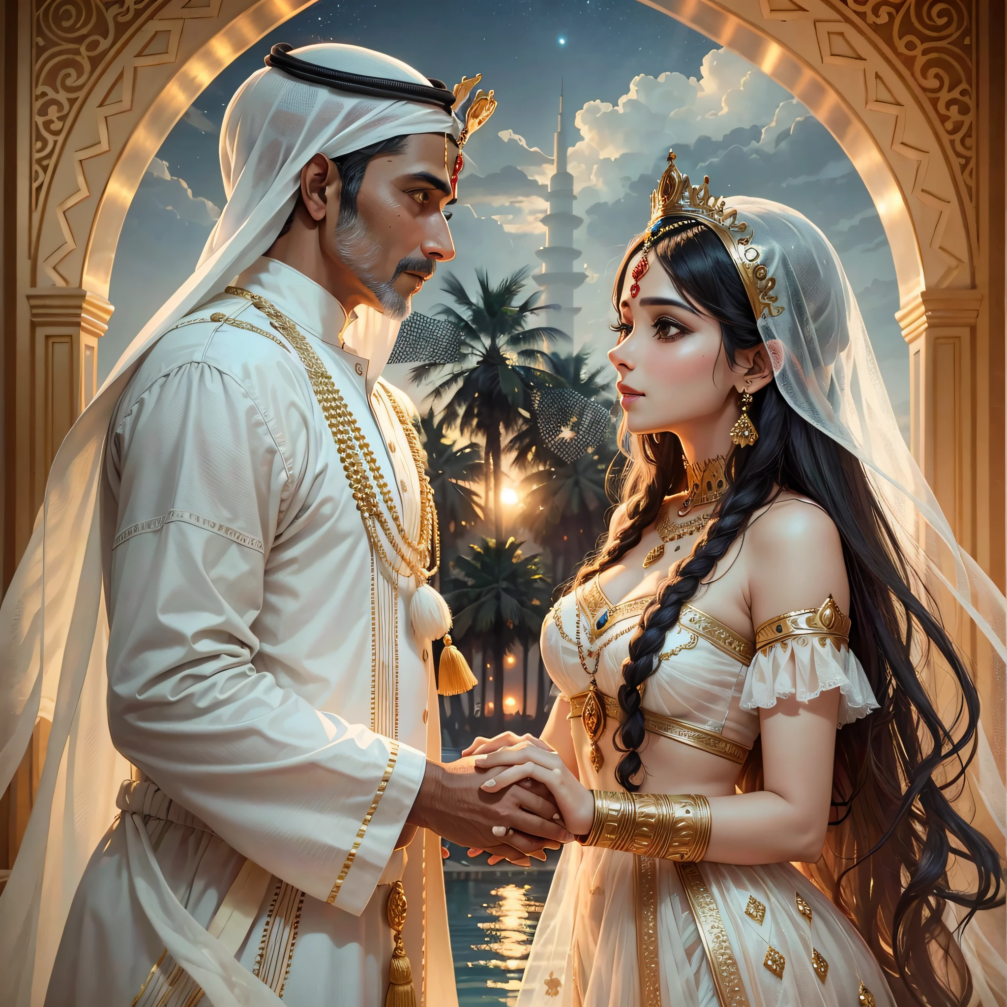 Real photo of An Indian couple holding hands with crowns on their heads in a romantic dubai setting --auto --s2