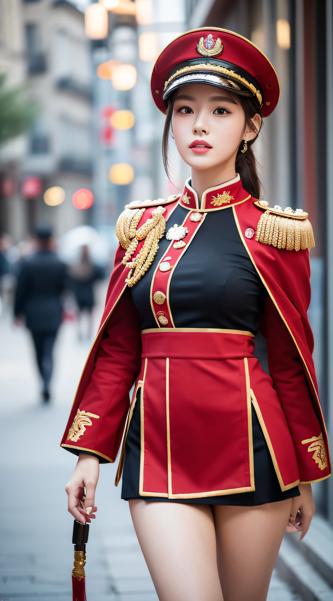 ((Realistic lighting, Masterpiece: 1.3)), (raw photo:1.2), Hyperrealist portrait Beautiful Chinese girl, 20 years old, ((skin white: 1.6)), beautiful eyes, very detailed eyes and face, (full real formal crimson red military uniform), (military cap), ((high rank)), military cape, charming cute face, natural makeup: 1.2, (military saluted pose), chignon, Best quality, 8K, professional photography, (full body), street background