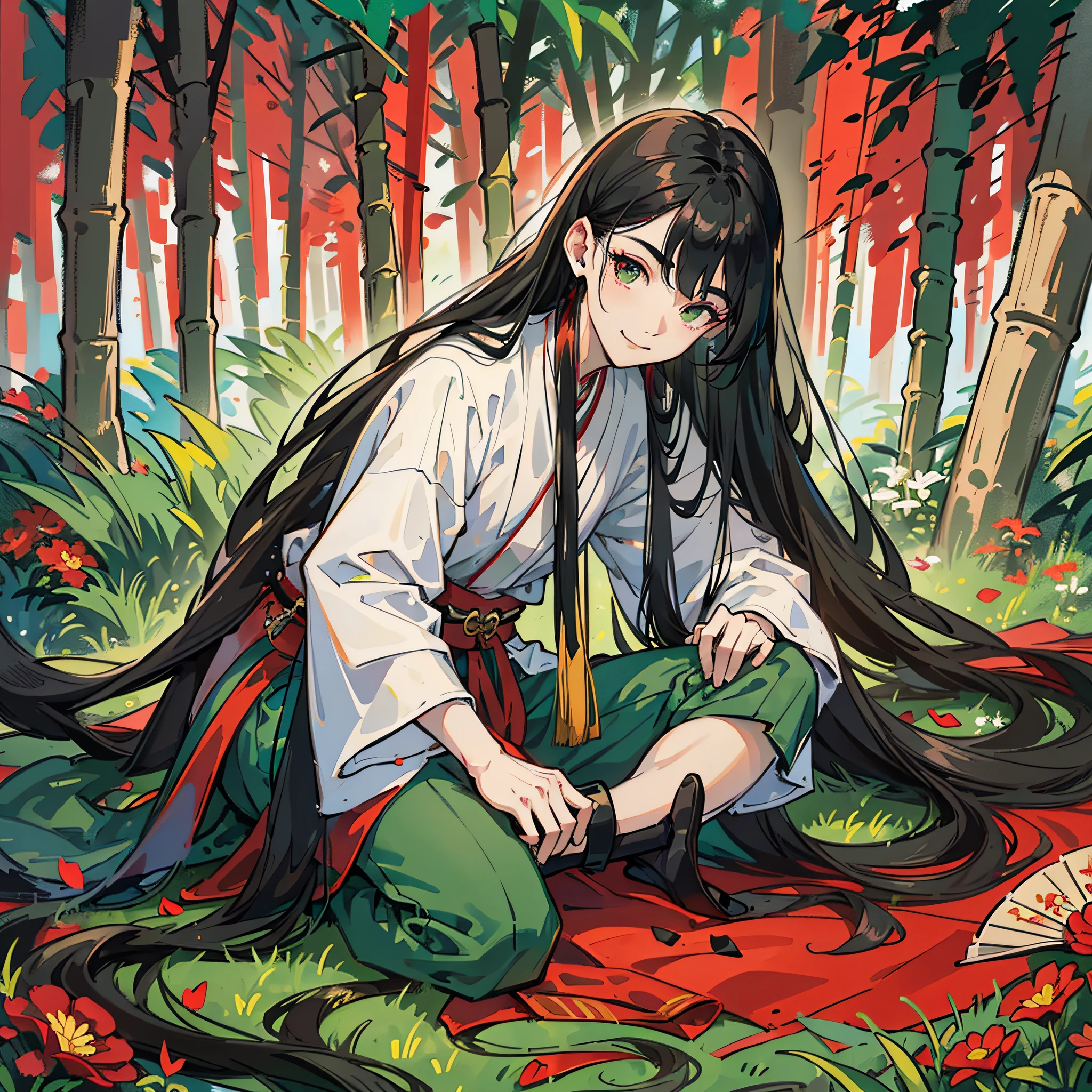 masterpiece, best quality, full body, boy, long hair, black hanfu, white fan, black hair, green jade pendant, sunlight, smile, red silk belt, eyebrows visible through hair, jewelry, long hair, looking at the viewer, landscape painting, sky, bamboo forest, flower petals, Illustrations, ancient --auto --s2