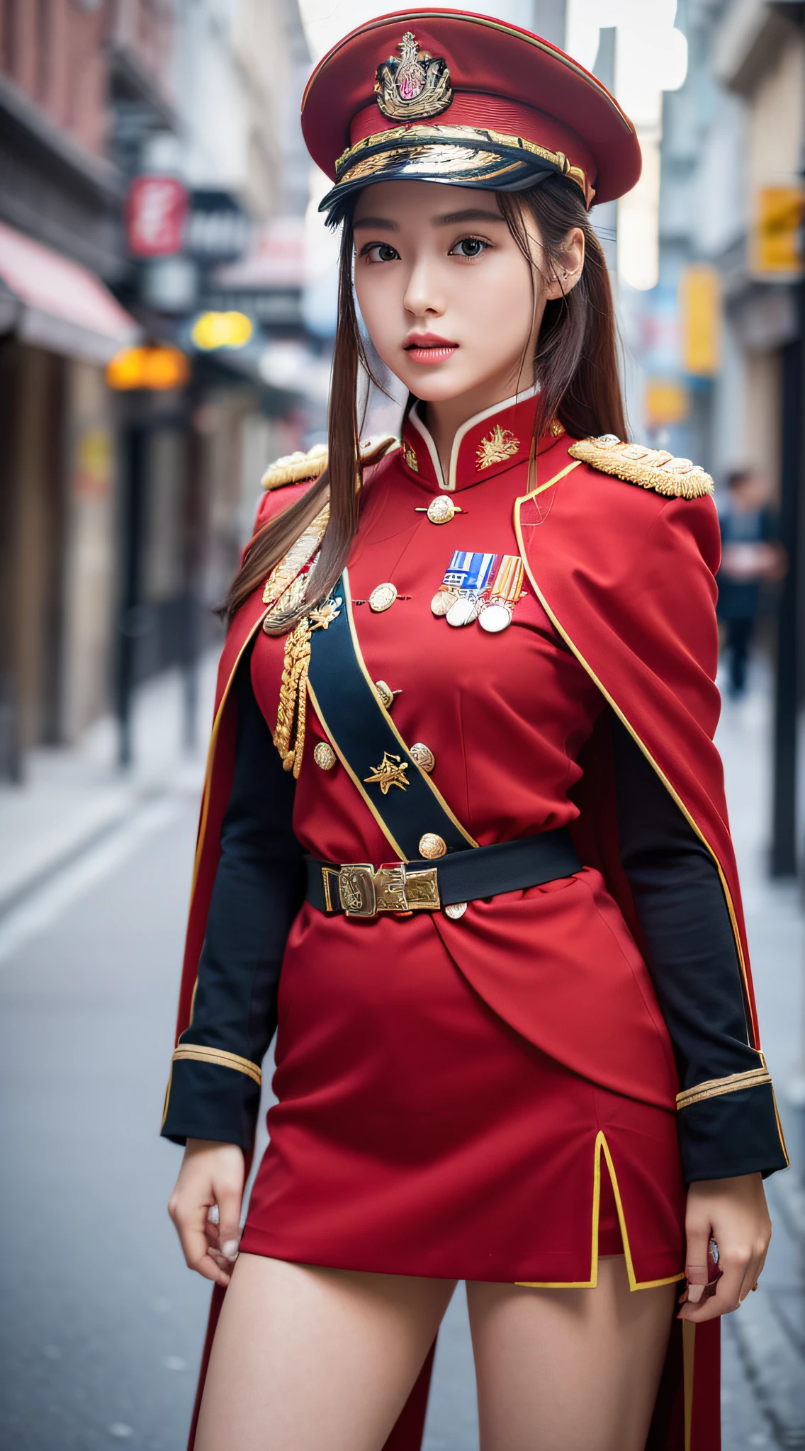 ((Realistic lighting, Masterpiece: 1.3)), (raw photo:1.2), Hyperrealist portrait Beautiful Chinese girl, 20 years old, ((skin white: 1.6)), beautiful eyes, very detailed eyes and face, (full real formal crimson red military uniform), (military cap), ((high rank)), military cape, charming cute face, natural makeup: 1.2, (military standing pose), chignon, Best quality, 8K, professional photography, (full body), street background