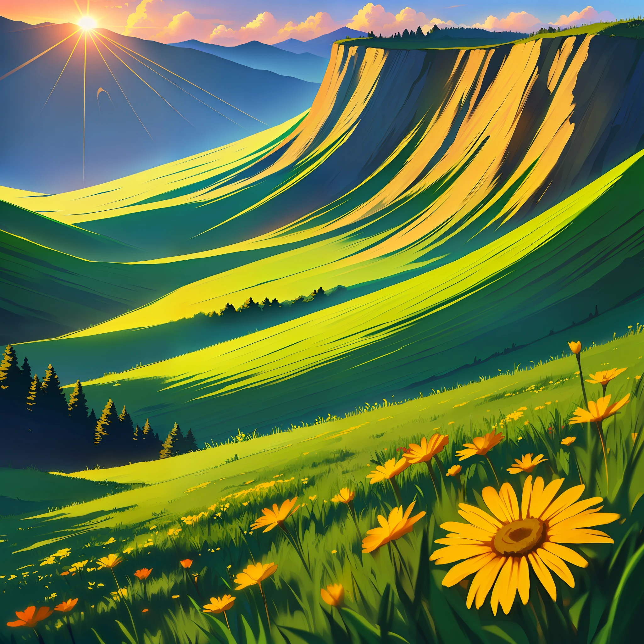 Nature ,sun rise, hill, green plants, multicolour flower, high detail,