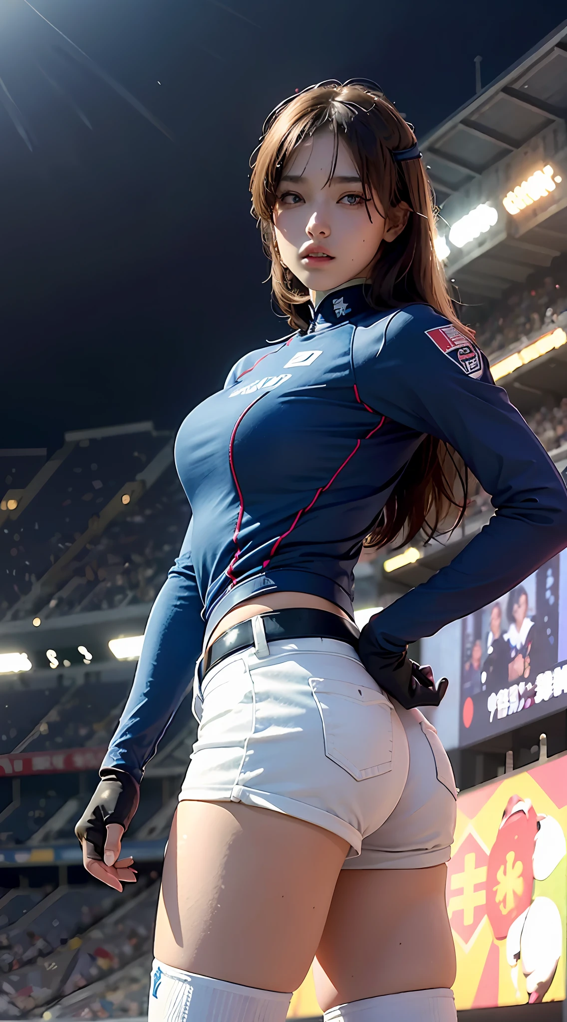 (Top Quality, 8k, 32k, Masterpiece, UHD: 1.3), (Outdoor, Night: 1.5), Ultra-fine face, ((Realistic lighting, Best Quality, 8k, Masterpiece: 1.3)), Clear focus: 1.1), 18 years old a girl, (brunette with Bob hair), abs, perfect body, ultra-detailed face, detailed lips, delicate eyes, double eyelids, (seductive), ((Exciting: 1.5)), (Soccer Japan National Team Samurai Blue Uniform)), (Estrus)), Amazing Beauty, Mecha Cyber Blue Girl, Blue, Female Mecha, Mechanized Valkyrie Girl, Beautiful White Skin Girl Cyborg, Sci-Fi Woman in SF Samurai Blue Uniform, Sci-Fi Woman, Gorgeous Female Paladin, Mechanized Soldier Girl, Cheering for National Football Japan National Team in Virtual Reality, Background on Football Field at New National Stadium, Beautiful Ass, Blue High Socks, Short Jeans, Back Corner , sweaty skin, adidas, apple virtual goggles