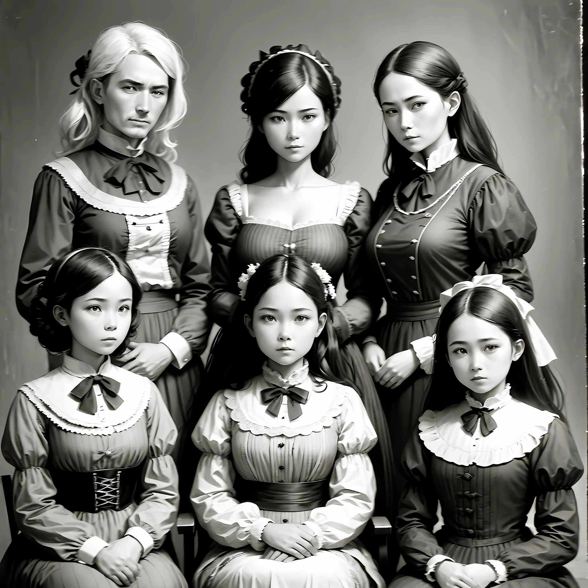 Old photographs, old-fashioned black-and-white photographs, covered with dirt and folds, depict a family of six, dressed in 19th-century Chinese British clothing --auto --s2