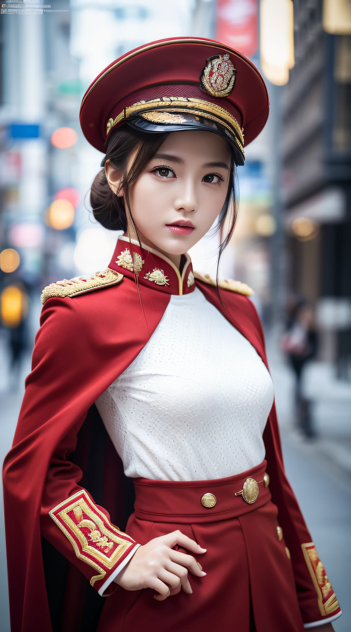 ((Realistic lighting, Masterpiece: 1.3)), (raw photo:1.2), Hyperrealist portrait Beautiful Chinese girl, 20 years old, ((skin white: 1.6)), beautiful eyes, very detailed eyes and face, (full real formal crimson red military uniform), (military cap), ((high rank)), military cape, charming cute face, natural makeup: 1.2, (military standing pose), chignon, Best quality, 8K, professional photography, (half body), street background