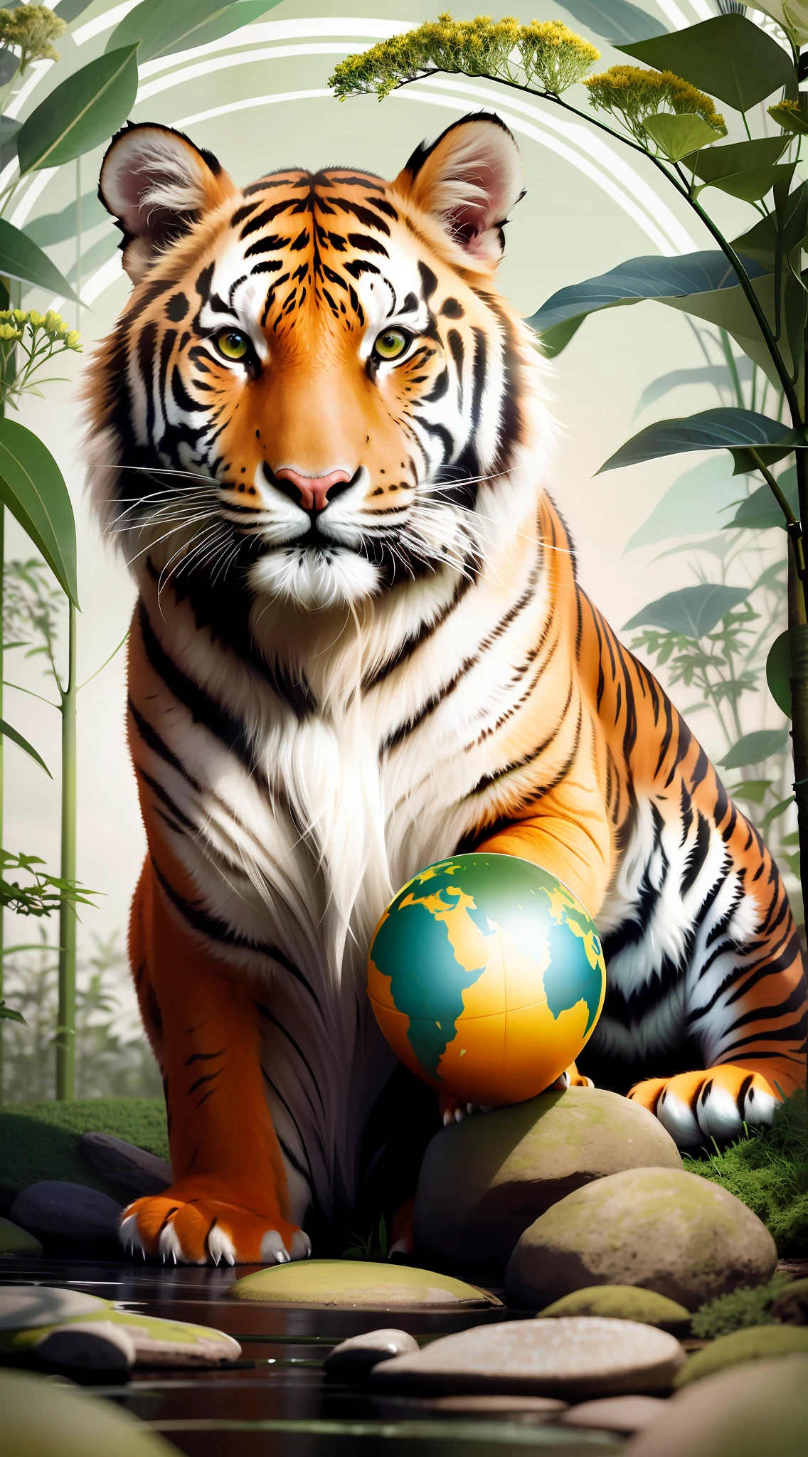 Earth Day poster, flat illustration, super cute Chinese Siberian tiger stepping on green spherical earth, trees, flowers, landscape, blue, green, yellow, simple background, center composition, bright colors, chiaroscuro, super high detail, 4k, flat illustration, white background, ink