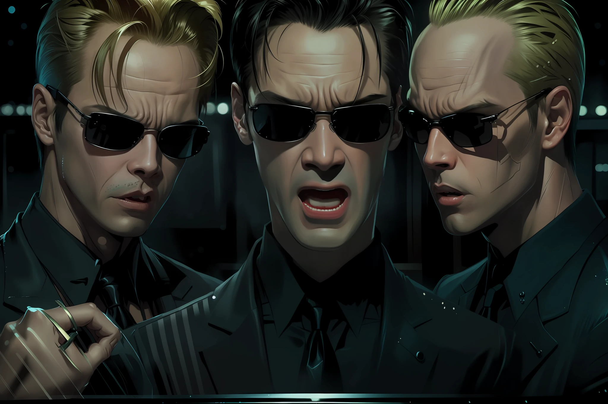 ((best quality)), ((masterpiece)), (detailed) fan art of (neo from the matix) face (((screaming))), ((neo from matrix face)) screaming, keanu reaves, the matrix (1999), sunglasses, night, 80mm, ((western animation)), (neo the matrix (1999)), (short hair), (tokyo street nights), (((screaming)))