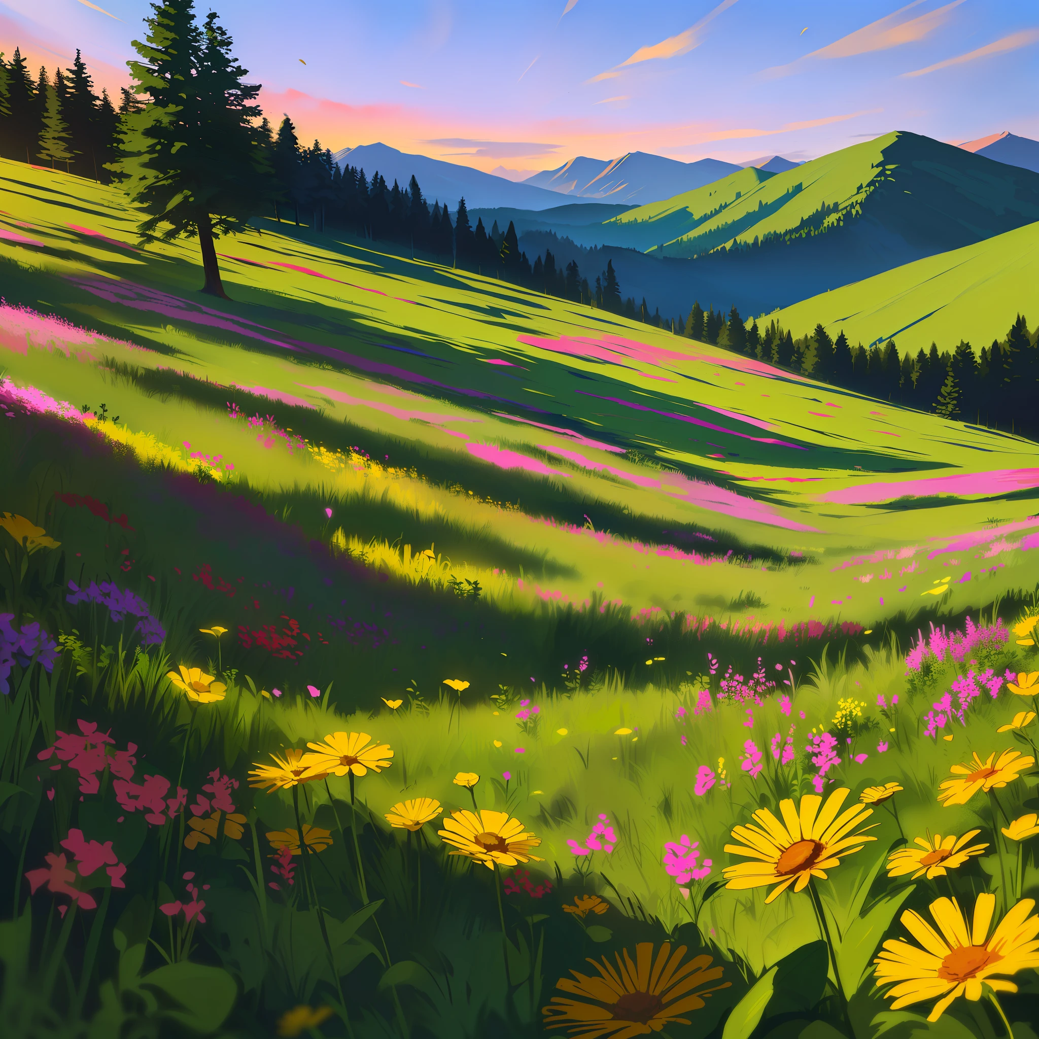 Nature ,sun rise, hill, green plants, multicolour flower, high detail,