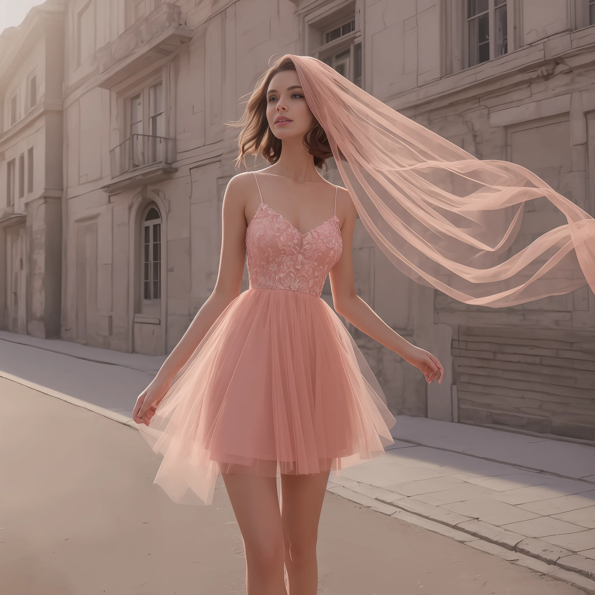 Portrait of a woman in a light red tulle effect dress, sweet and fresh style, cinematic light, highest quality, 8K, masterpiece, full body, hair with fine details, front view, hips, perfectly proportioned figure, hands behind her