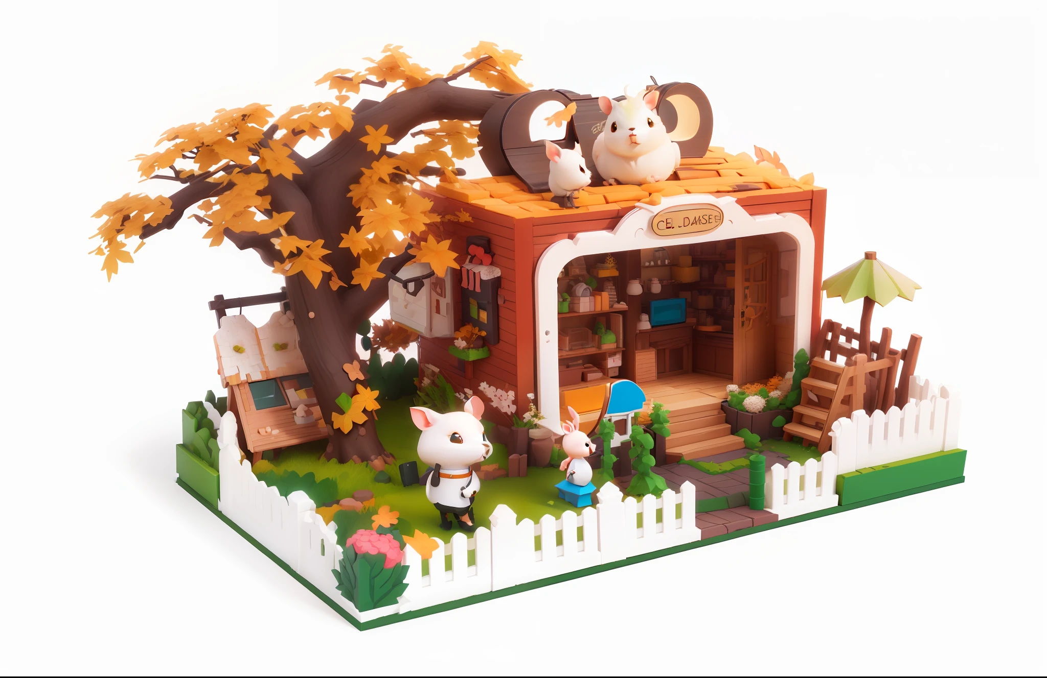 there is a small toy house with a tree and a fence, no gradients, cafe for mice, highly detailed scene, cute 3 d render, stylized 3d render, 🍂 cute, tiny, render, by Kanbun Master, stylized as a 3d render, high detailed store, detailed scene, rendered in keyshot, 3 d render stylized