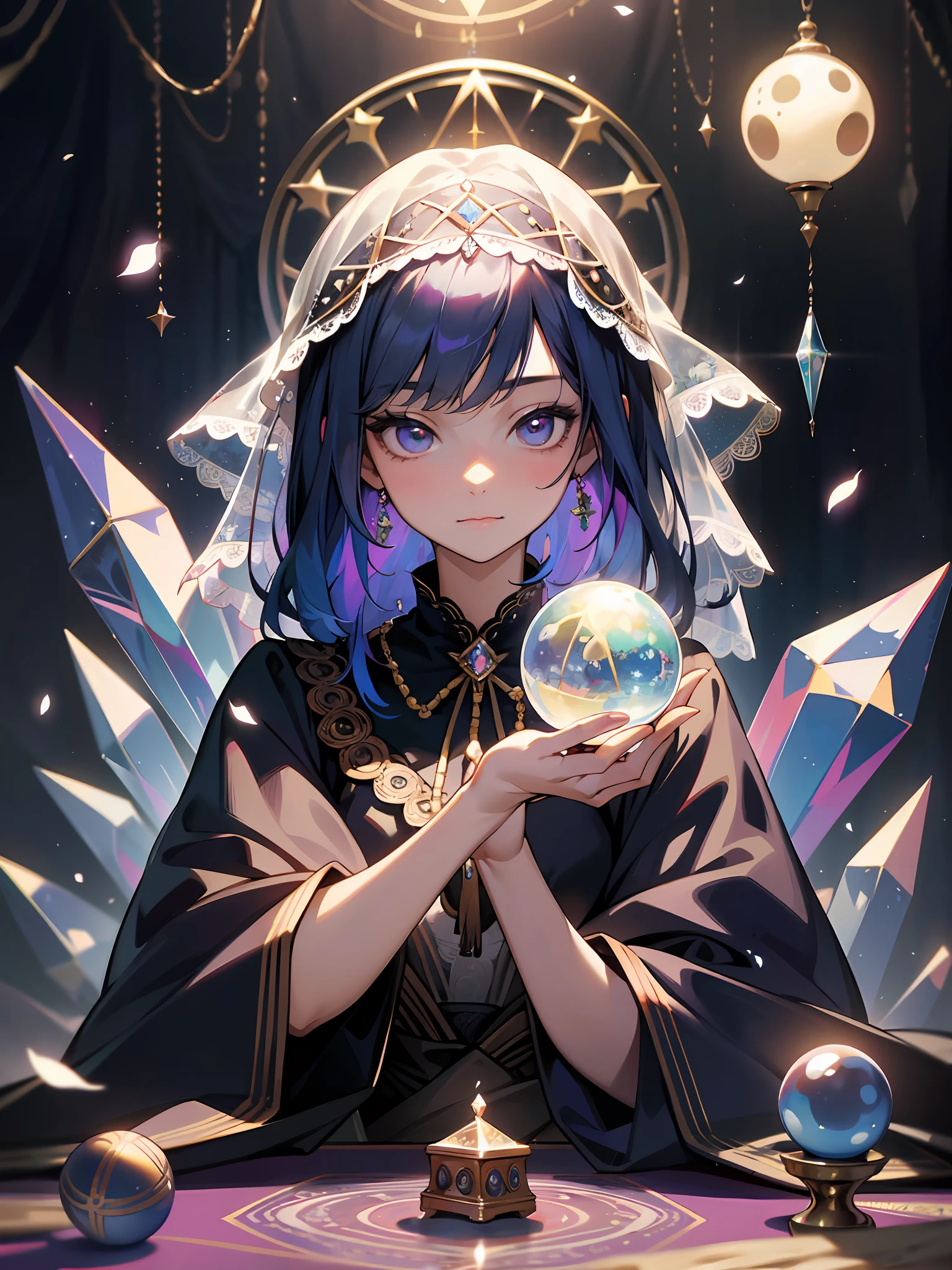 Top quality, masterpiece, high resolution, perfect detail, (very fine and beautiful: 1.1), (official art, beautifully aesthetic: 1.2), (fractal art: 1.3), (lots of flower effects: 1.4), 1girl, looking_at_viewer, portrait, solo, very vivid colorful, (many flower effects: 1.3), A lot of petals, beautiful light, Fine Beauty, (Detailed face with fine eyes: 1.1), (Beautiful clear background: 1.1), lace, ribbon, flowers and petals, beautiful concept illustration, crystal ball, holding tarot card in hand, fortune teller, fortune teller's veil, fortune teller's clothes in a highly decorated fortune teller's tent stands in a dark alleyway , Inside, an ugly old woman in a strange gypsy costume sits at a table, her hands on a crystal ball and a Ouija board