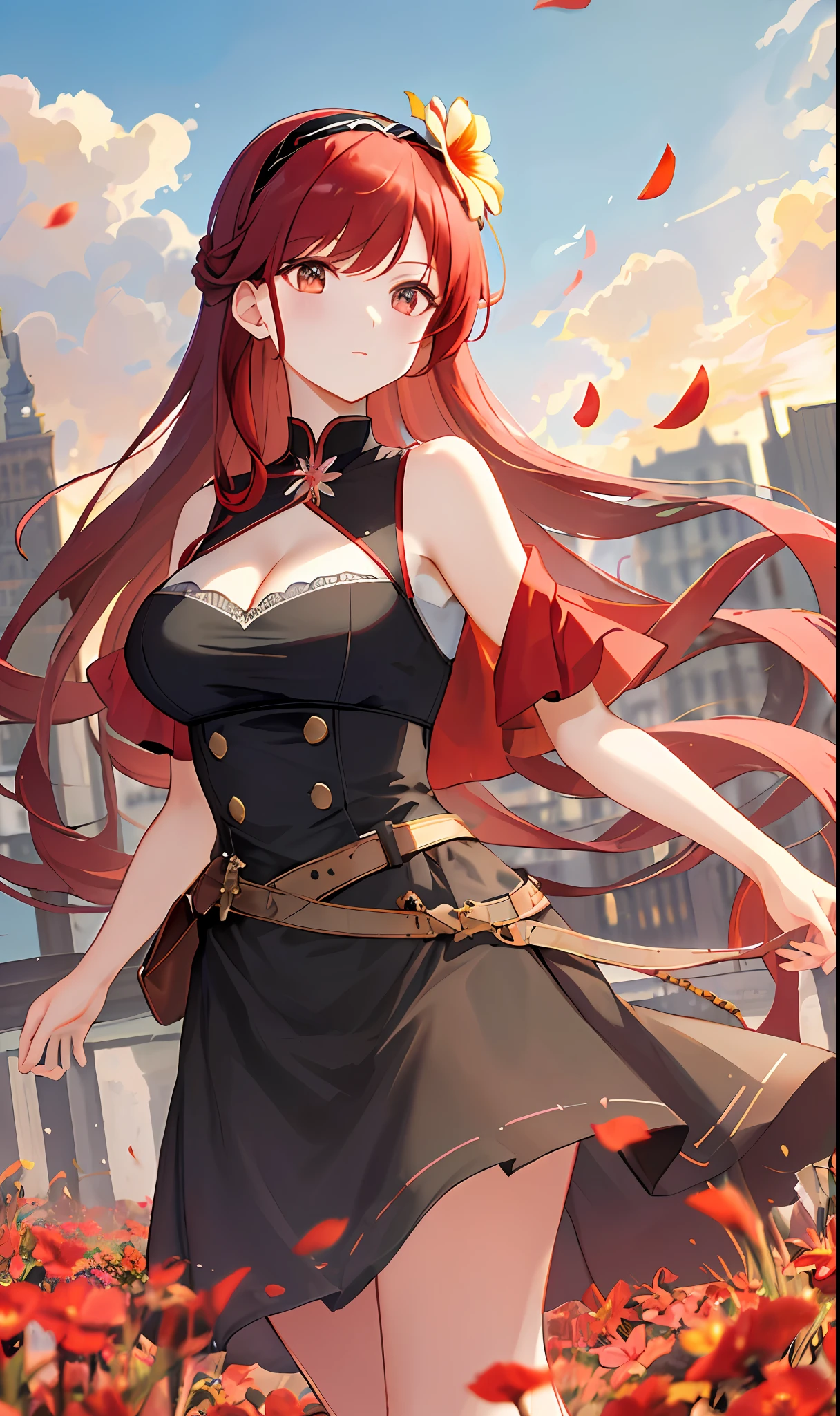 ((masterpiece, best quality)), (1girl),((mature female)), red hair, hairband, bangs, long hair , black hairband, shoulder cutout, black thitying hair,curvy,cleavage,confident, ((flying petal)),(Flowery meadow) sky, cloudy_sky, building, sunlight, sun, evening,, (evening theme:1.3), light, fantasy,