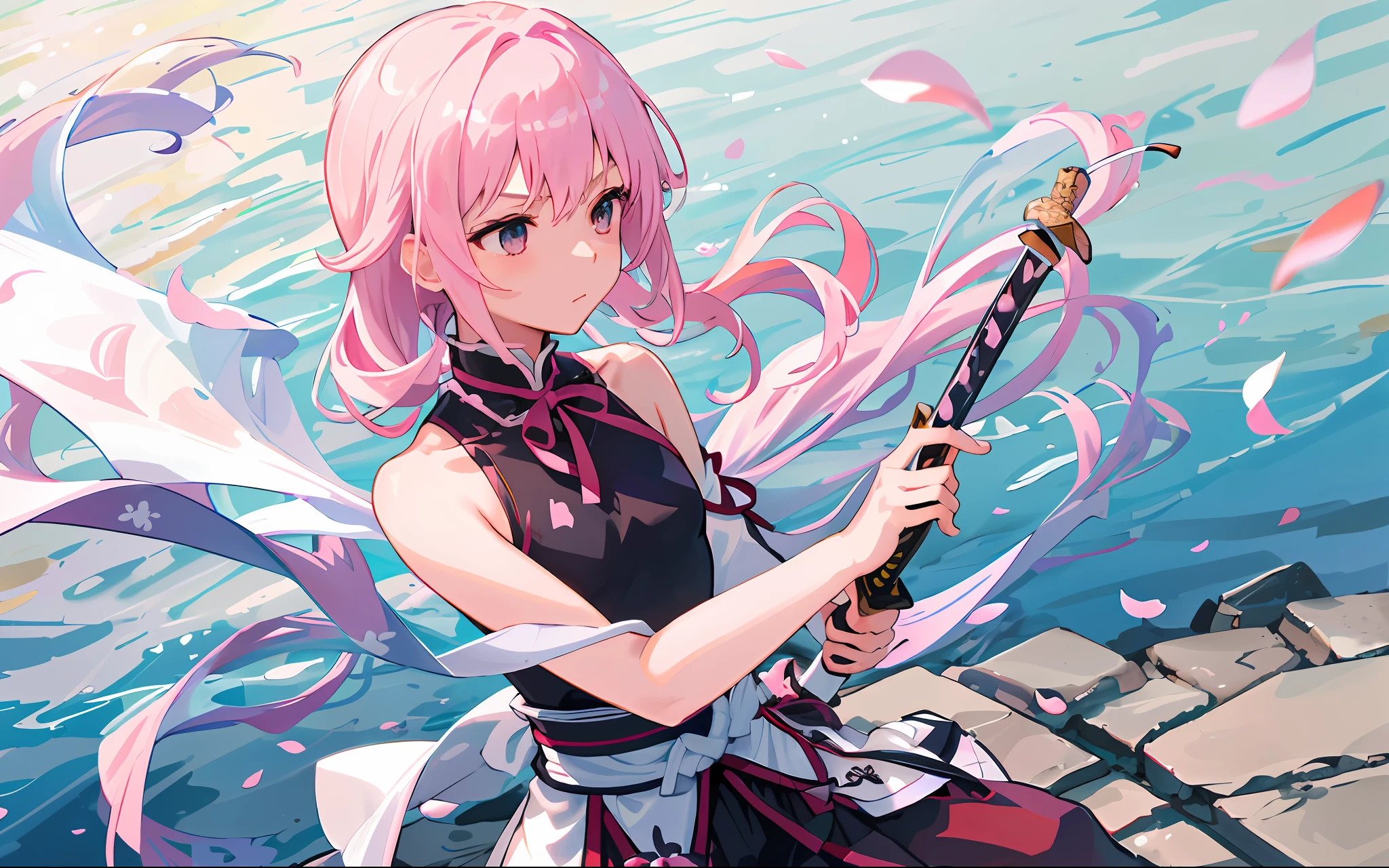 (Best quality),(masterpiece),(ultra high res), ultra sharp, pink hue,high contrast, cinematic lighting, colorful refraction, yushuishu, pov, front view, face focus, above the neck, 1girl,solo,floating hair, blue water, crystal water, water drops around body, upper body, small breasts, backlighting, against backlight at dusk, weapon,sword,holding weapon,holding sword,arm guards,male focus, black eyes,tabi,floating, flower_style skills_pose, skills_xuanwozhan, meditation pose, draw a knife, Petals in water, Cherry blossom petals, Chrysanthemum petals, Petals scattered, martial arts,
strong rim light, Tone bias towards blue,