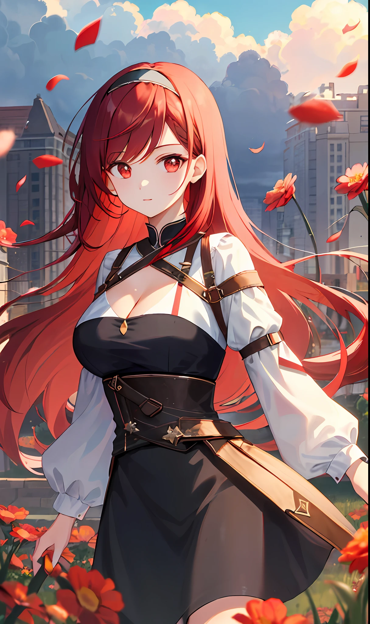 ((masterpiece, best quality)), (1girl),((mature female)), red hair, hairband, bangs, long hair , black hairband, shoulder cutout, black thitying hair,curvy,cleavage,confident, ((flying petal)),(Flowery meadow) sky, cloudy_sky, building, sunlight, sun, evening,, (evening theme:1.3), light, fantasy,