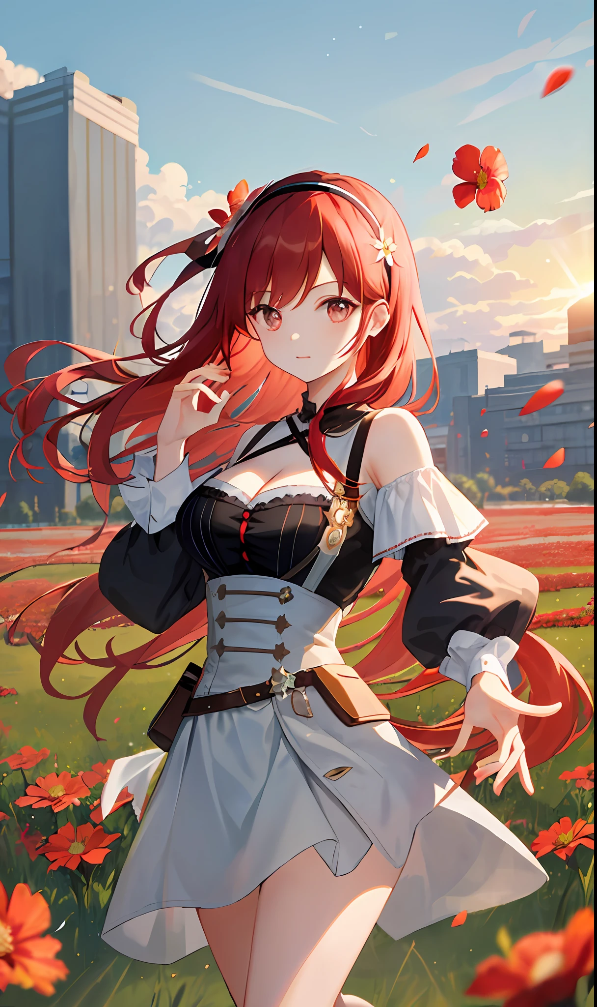 ((masterpiece, best quality)), (1girl),((mature female)), red hair, hairband, bangs, long hair , black hairband, shoulder cutout, black thitying hair,curvy,cleavage,confident, ((flying petal)),(Flowery meadow) sky, cloudy_sky, building, sunlight, sun, evening,, (evening theme:1.3), light, fantasy,
