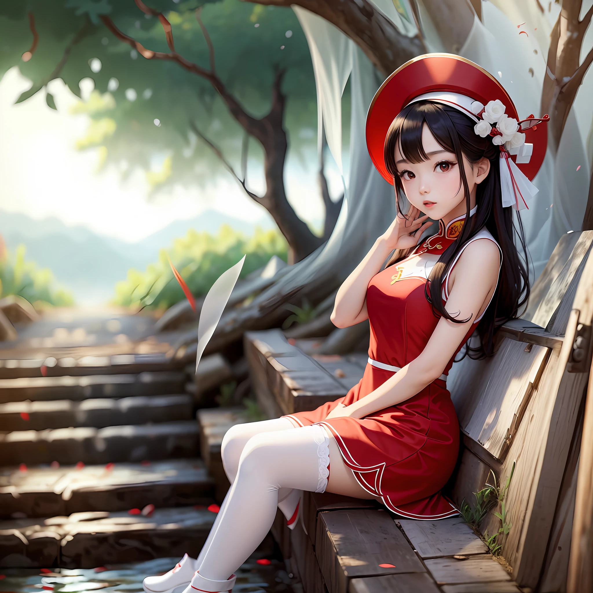 Chinese girl, red dress, white stockings, cute hat --auto --s2