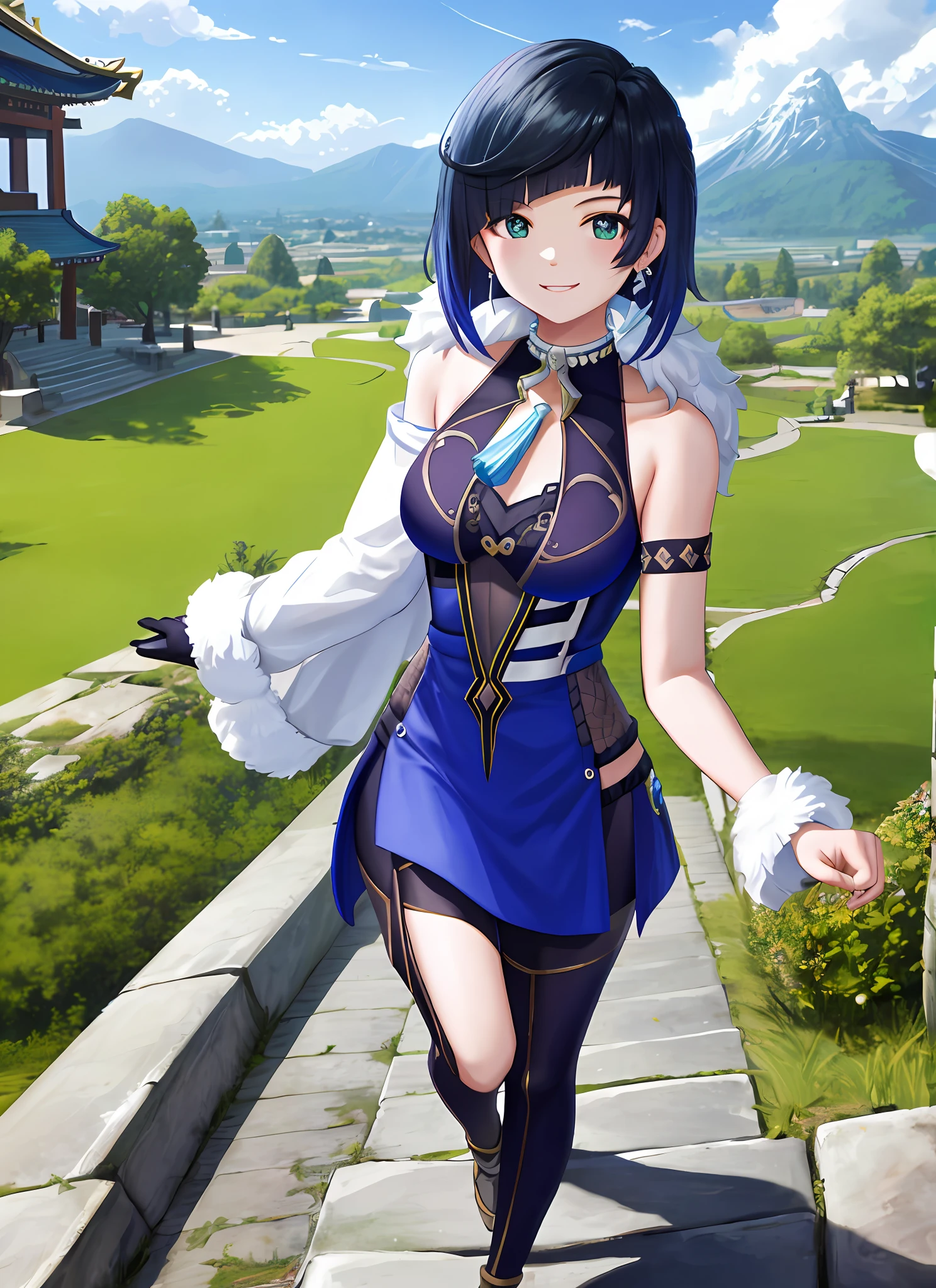 yelendef, full body, smile, blush, outdoors, day, simple background, blue sky, short hair, sky, temple, looking at viewer, stairs, mountain, moody lighting, facing viewer,