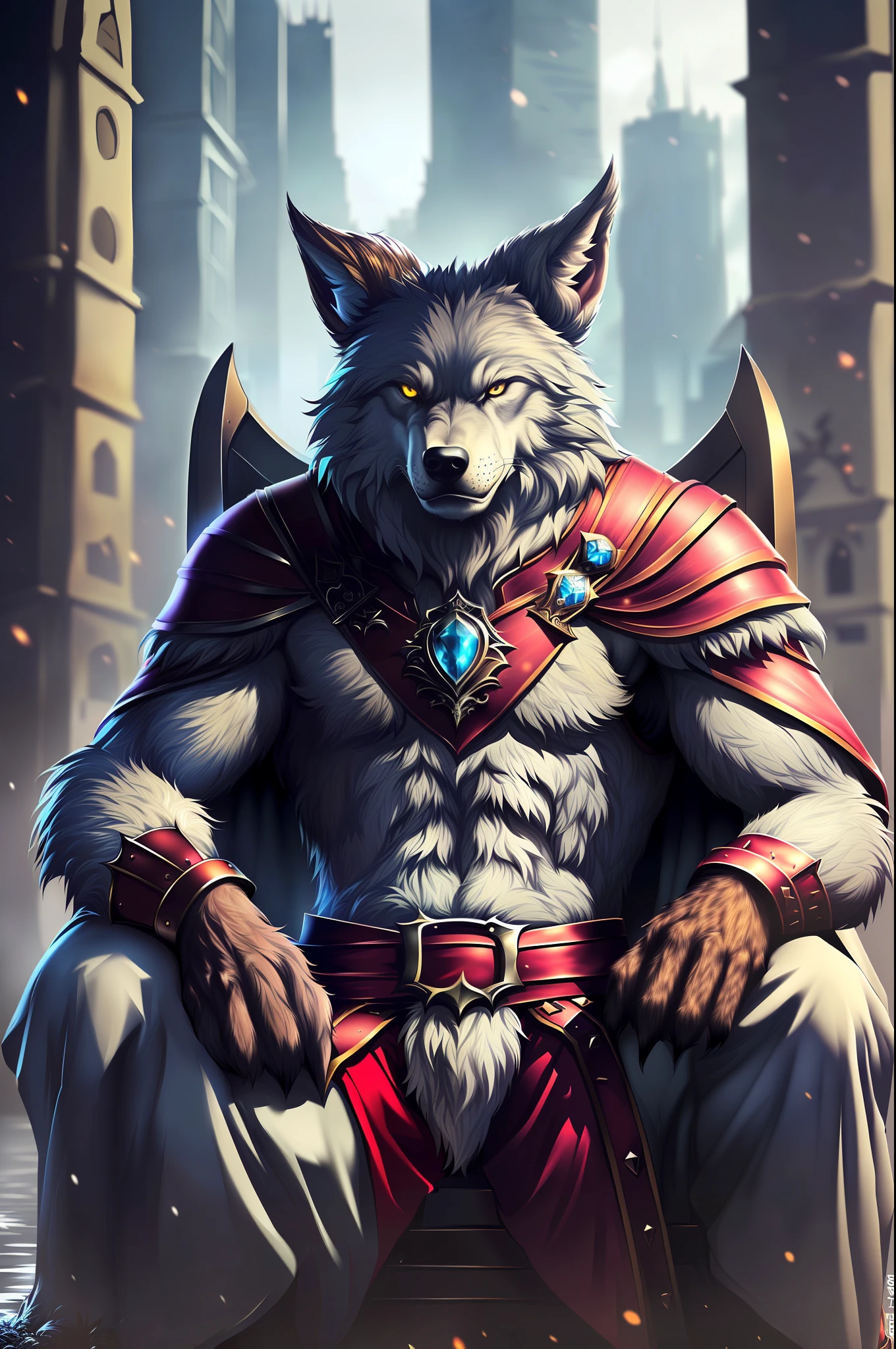 an old Werewolf king sitting on the throne in the heart of The City of Glas, throne is A very humid place full of puddles and leaks, regal, intimidating, ornate armor, regal crown, blurry_background, natural lighting, short twintails hair, looking_at_viewer, solo, highly detailed 8k