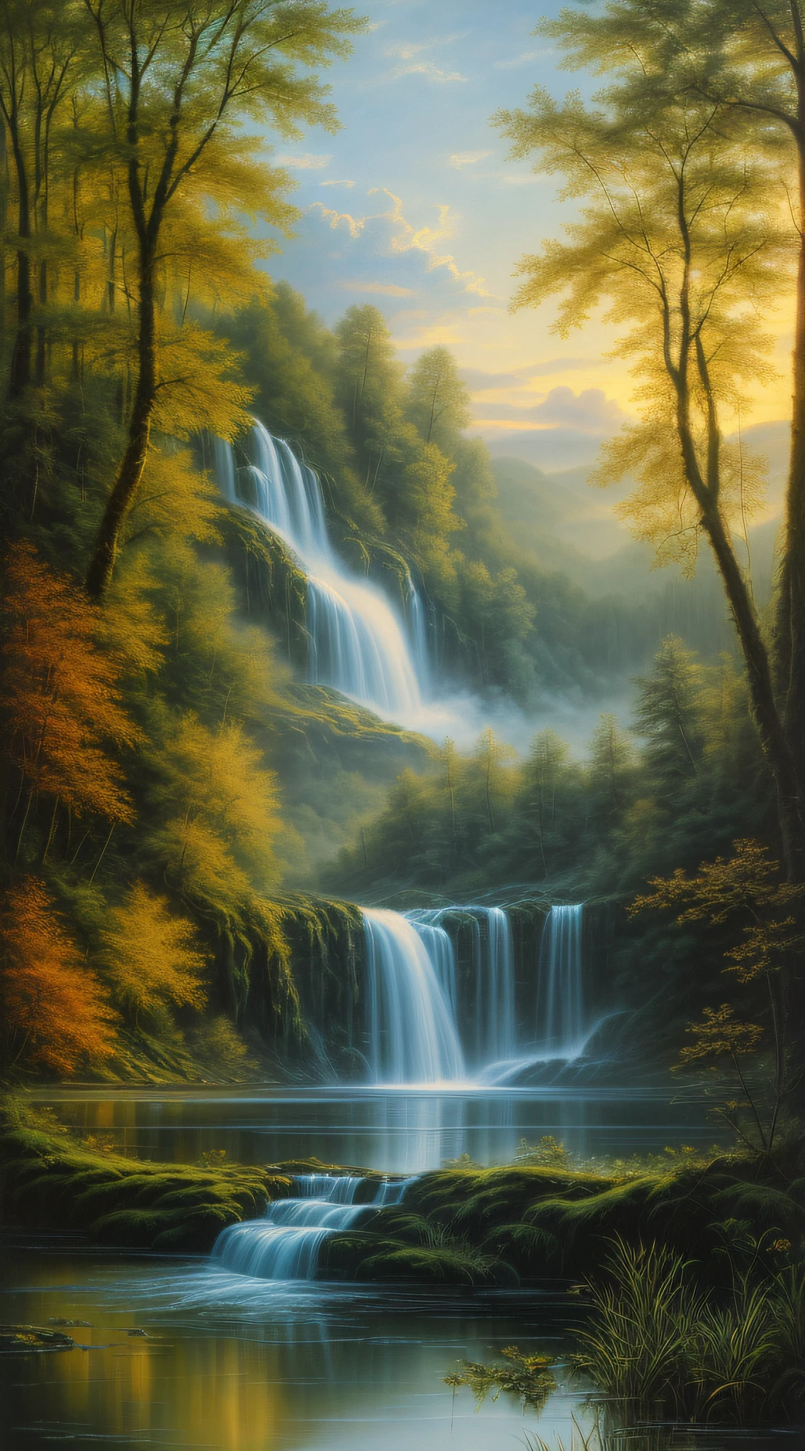 summer, lake, dawn, lots of small waterfalls, detailed forest, clouds, masterpiece, cinematic, soft light, depth of field, ray tracing, reflection in water, realism, oil painting